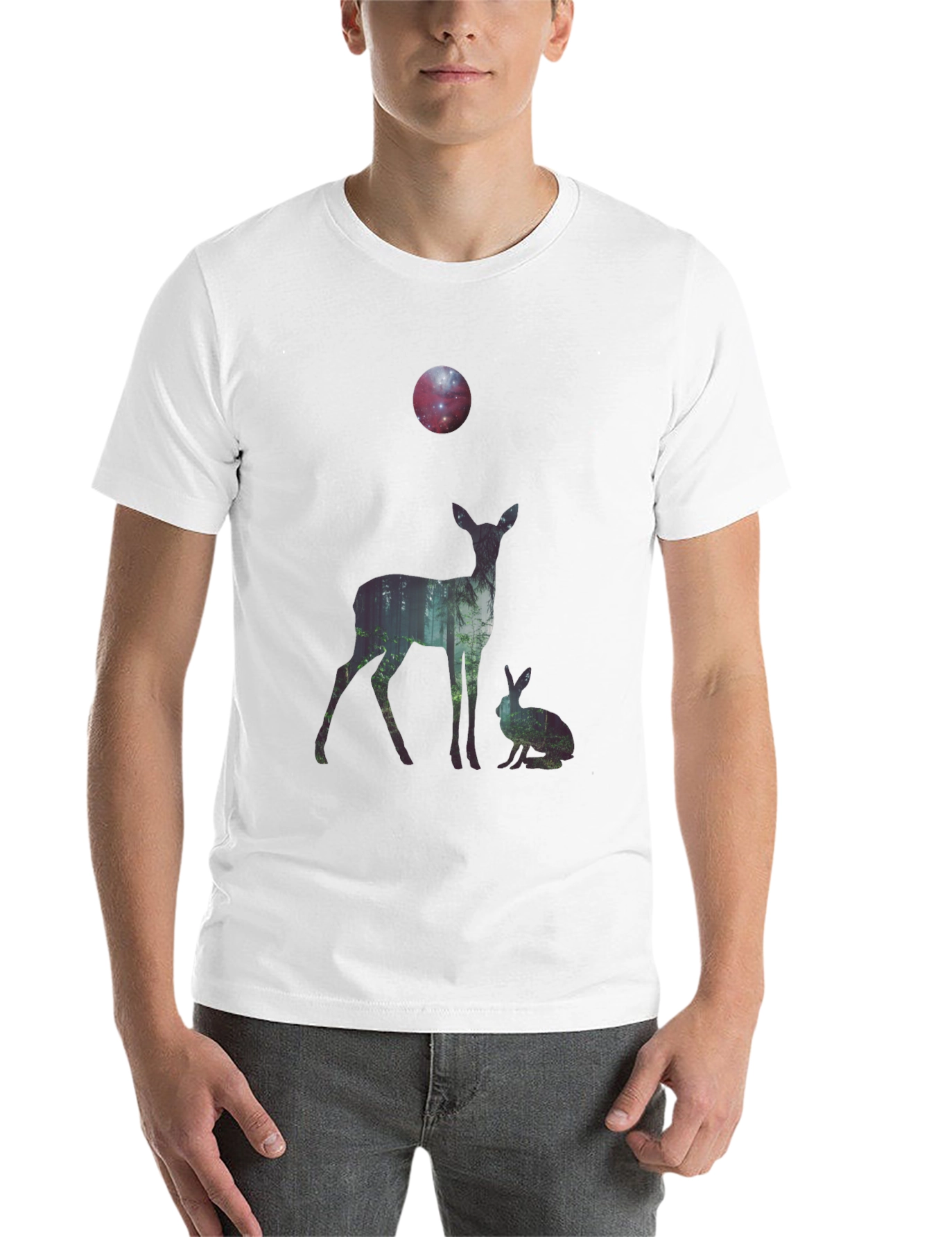 Black Nature Deer and Rabbit Graphic Print T-Shirt view 14