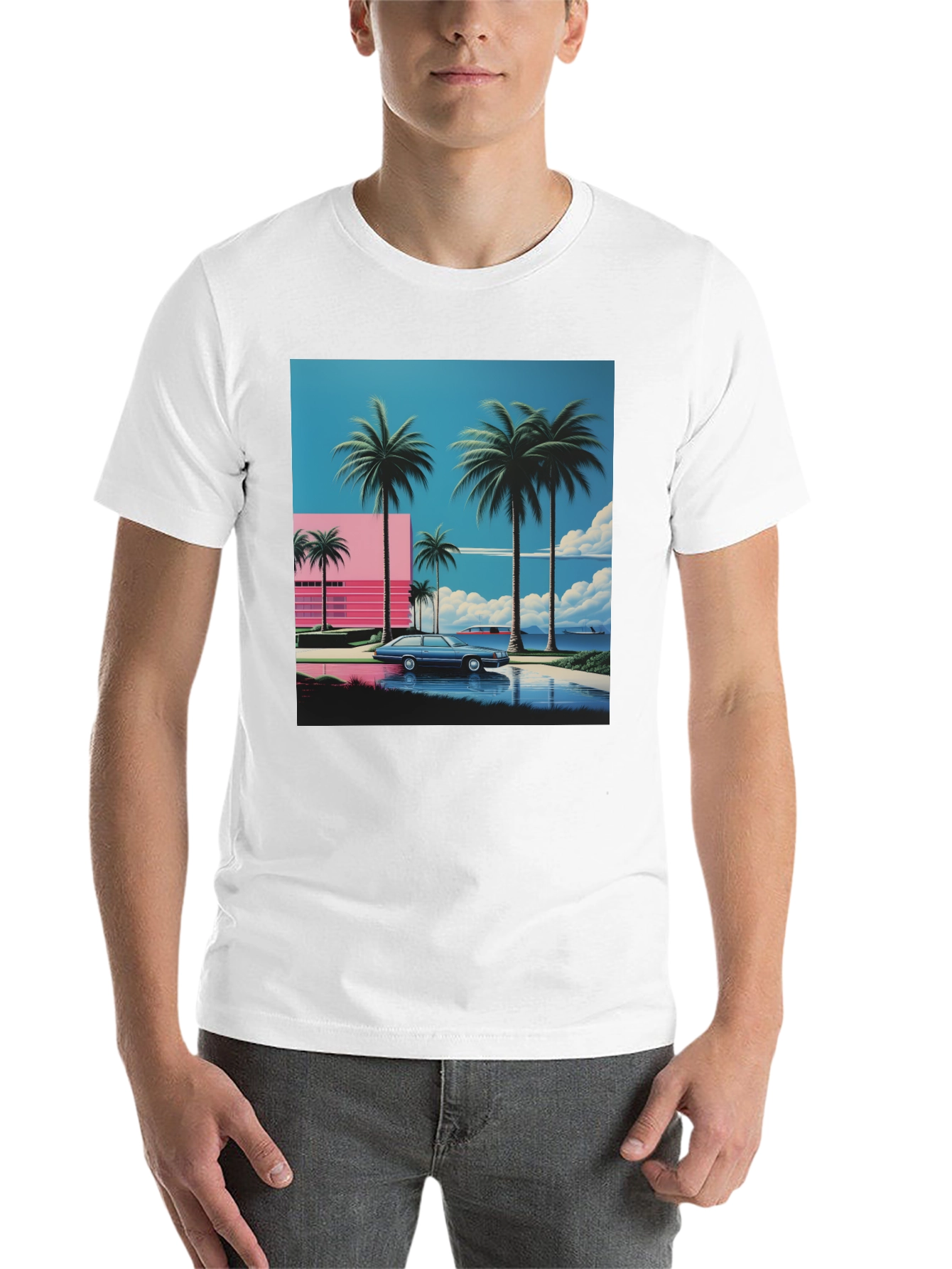 Black Miami Vice Style T-Shirt, Retro Car & Palms view 14