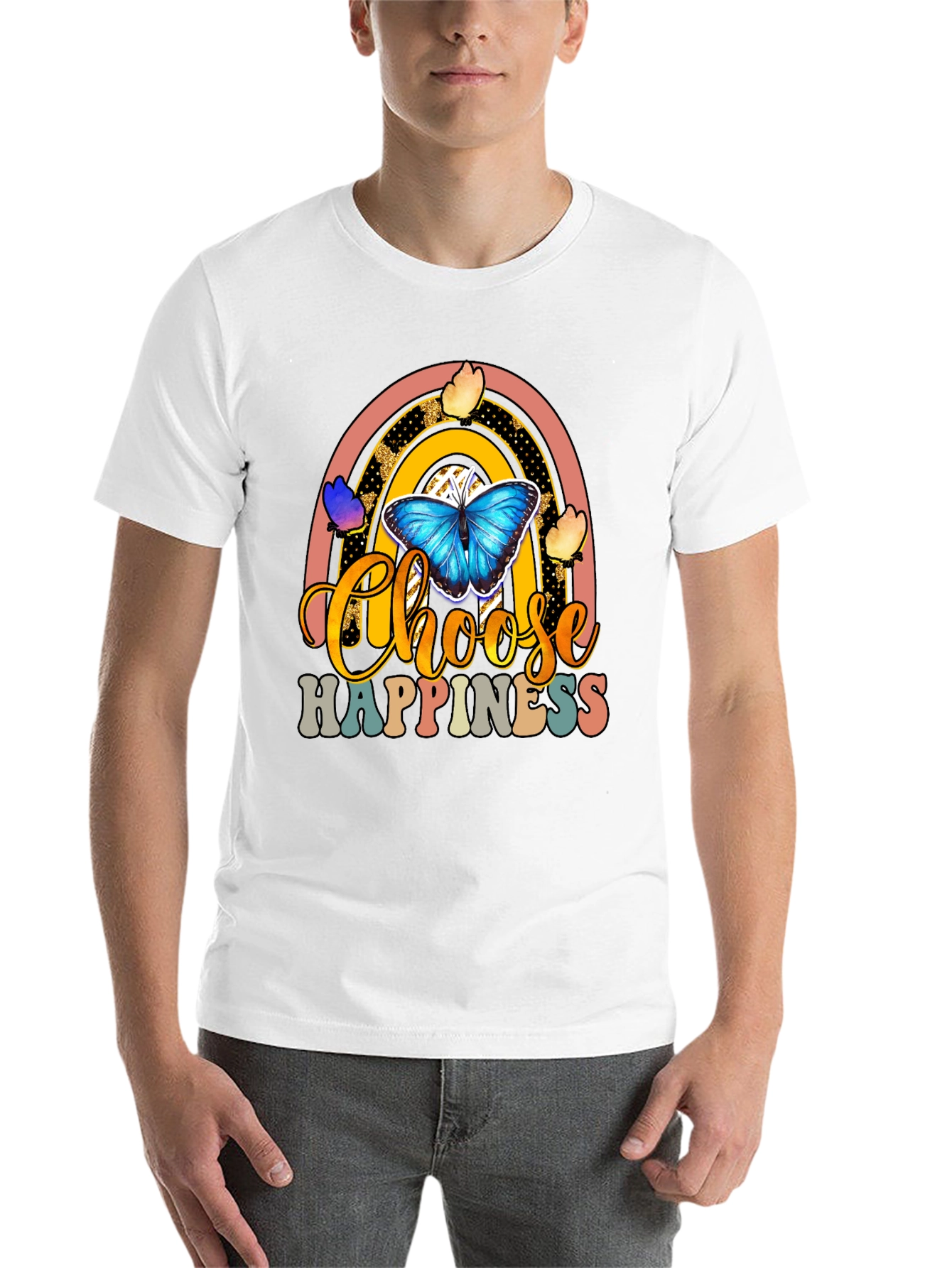 Black Choose Happiness T-Shirt - Butterfly Rainbow Design view 14
