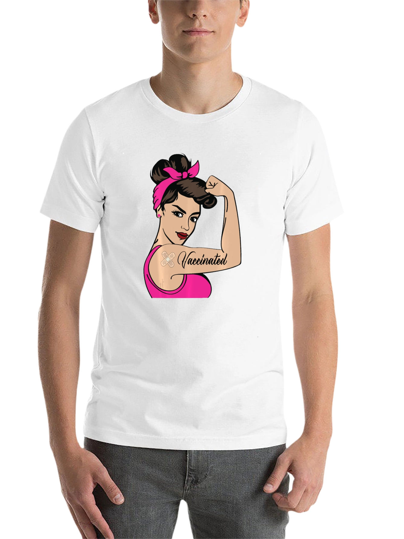 Black Vaccinated Woman T-Shirt - Black Crew Neck Tee view 14