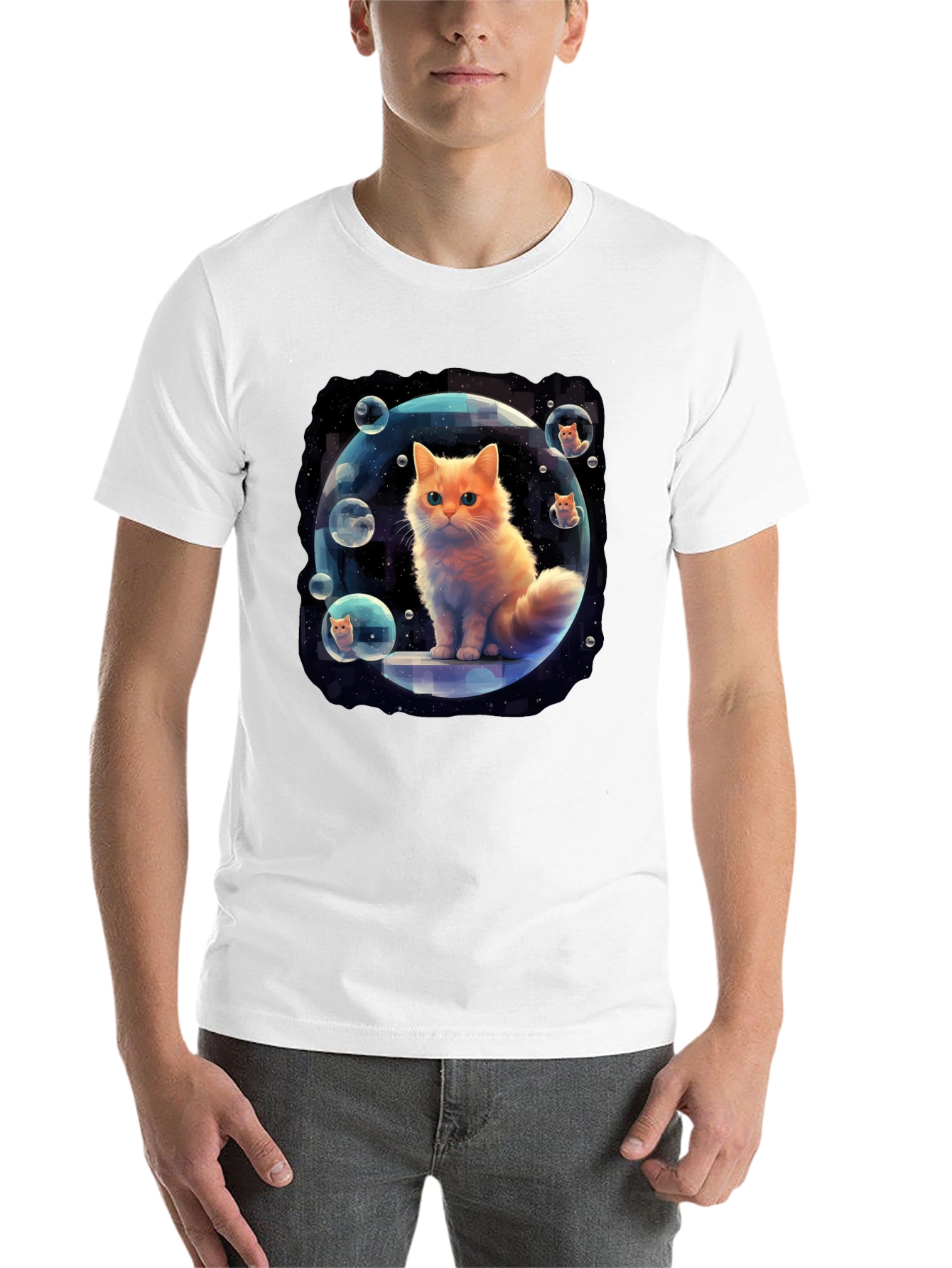 Black Cosmic Cat Bubble T-Shirt - Unique Graphic Tee view 14