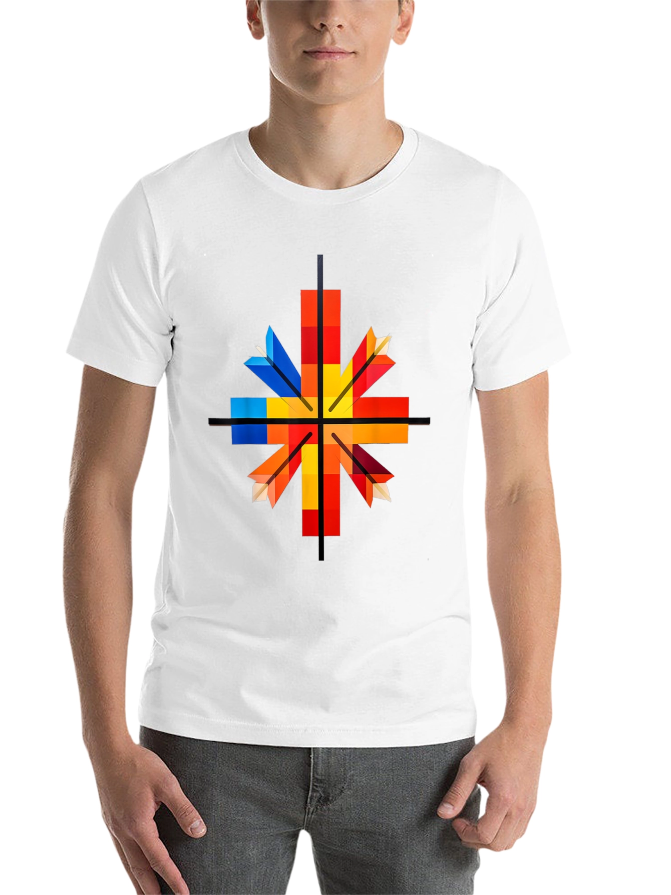 Black Geometric Arrow Graphic Tee - Colorful Square Design view 14
