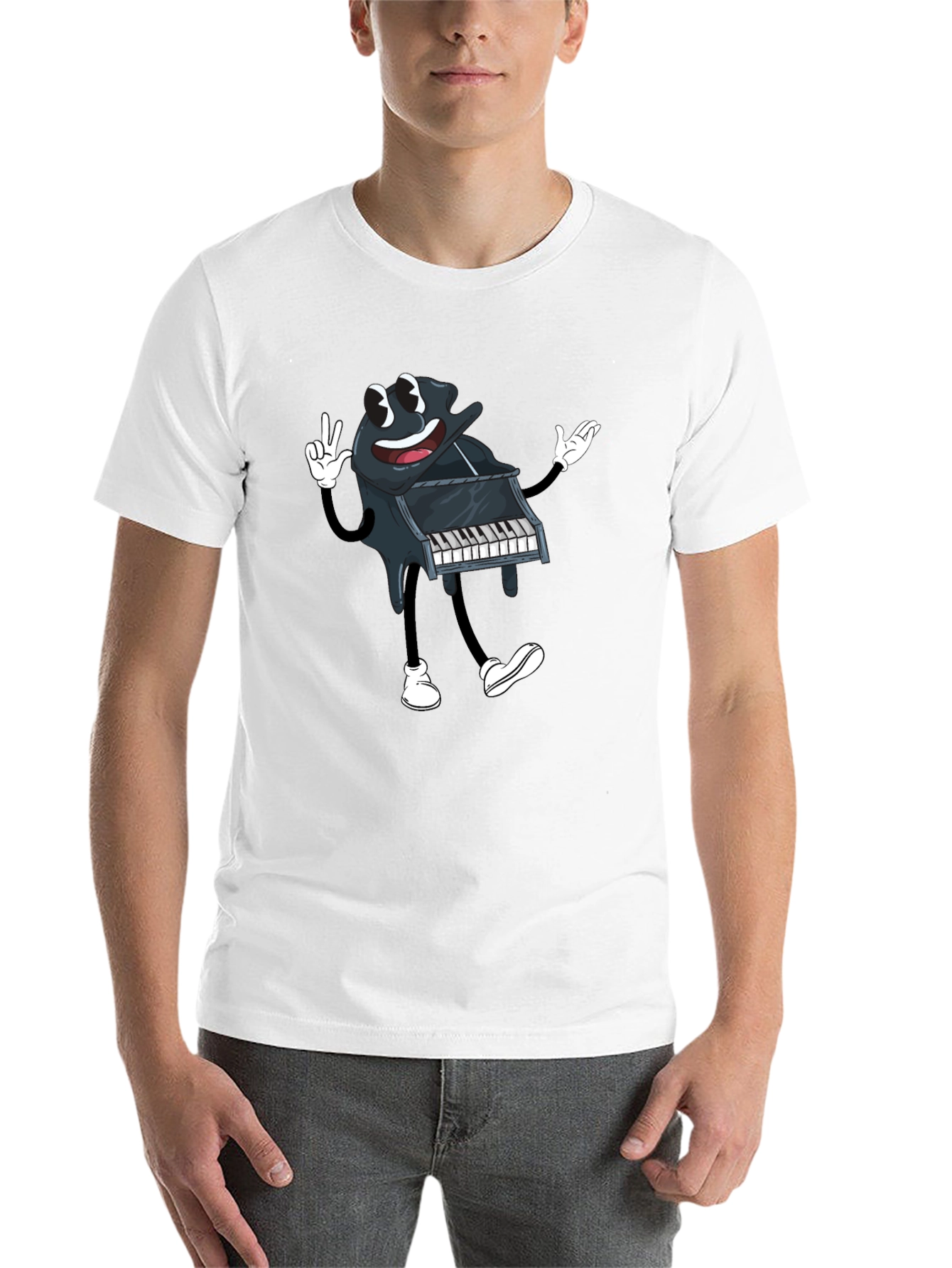Black Cartoon Piano Graphic Tee - Black Cotton T-Shirt view 14
