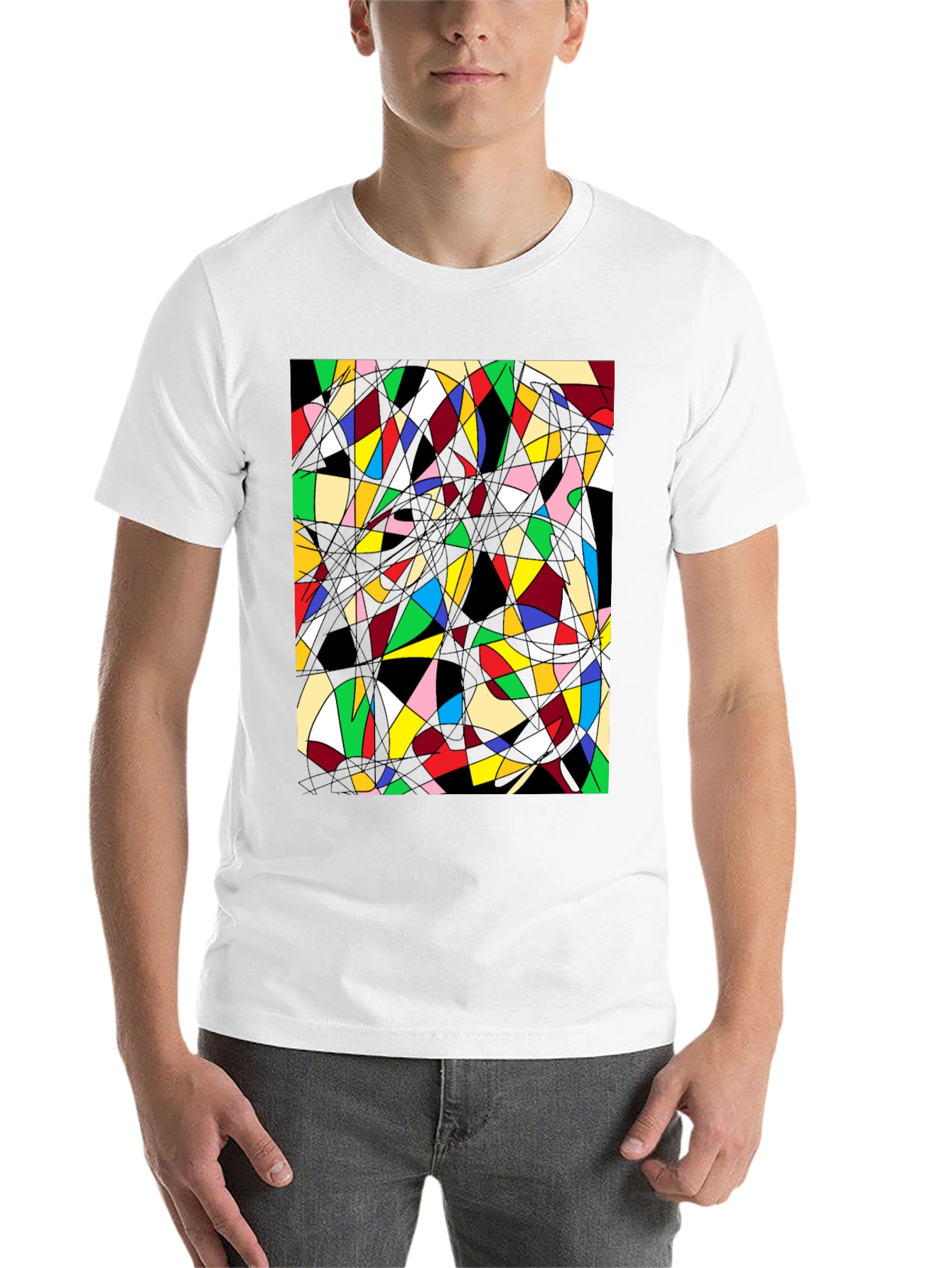 Black Abstract Geometric T-Shirt: Colorful Stained Glass Design view 14