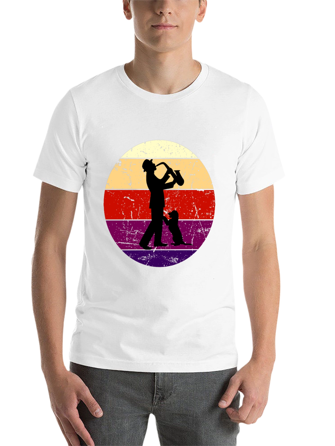 Black Saxophone Player & Dog Retro Graphic Tee view 14