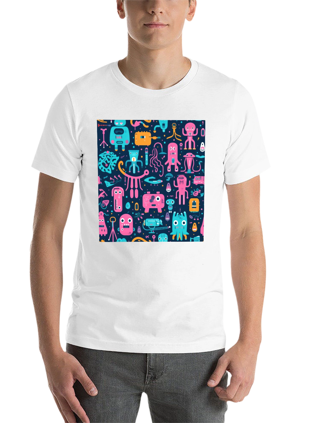 Black Funky Retro Robot Pattern T-Shirt view 14