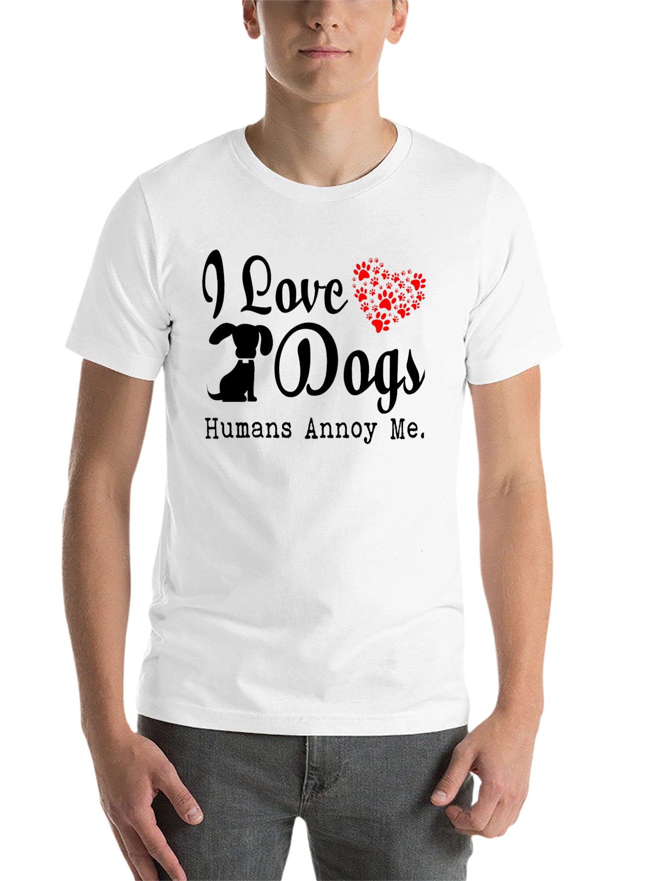 Black I Love Dogs T-Shirt - Humans Annoy Me - Dog Paw Print Heart view 14