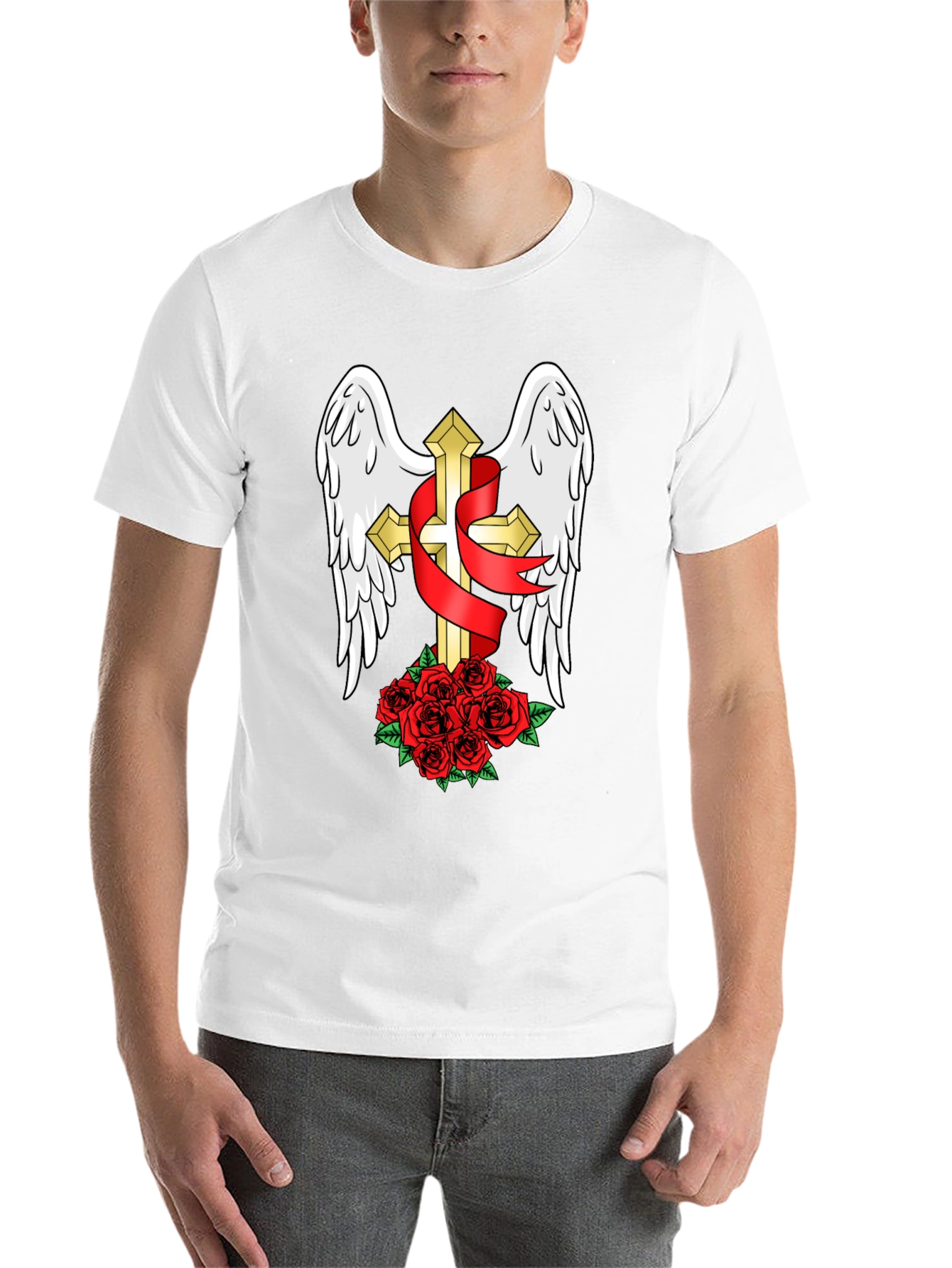 Black Winged Cross & Roses T-Shirt - Stylish Graphic Tee view 14