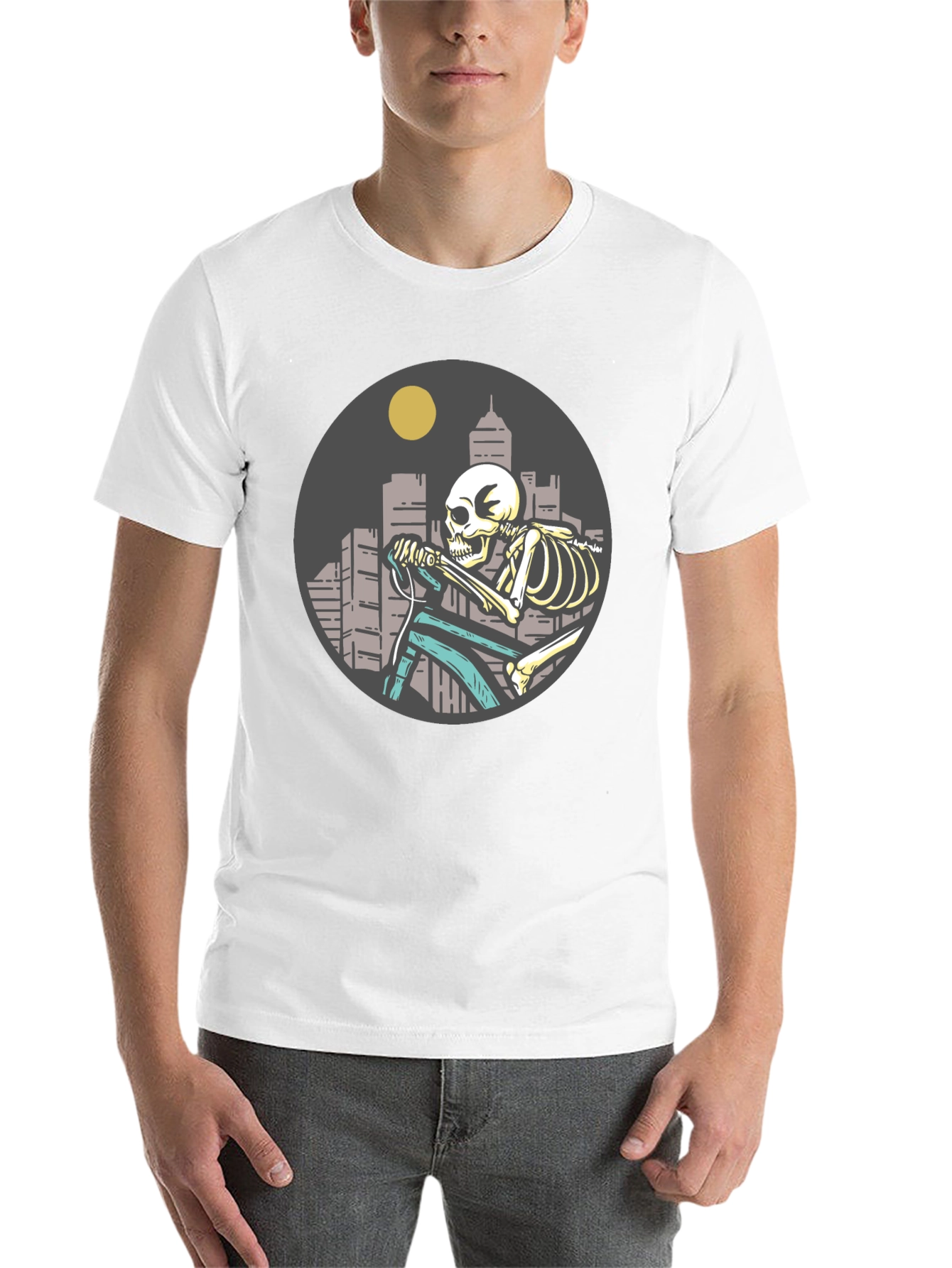 Black Skeleton Riding Bike T-Shirt - Cityscape Design view 14