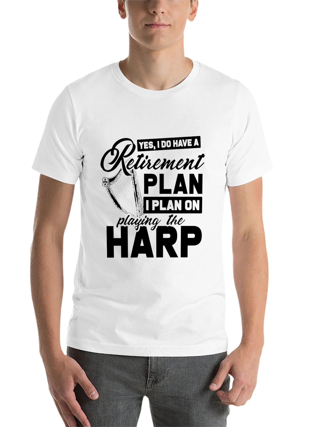 Black Retirement Plan Harp Player Black T-Shirt view 14