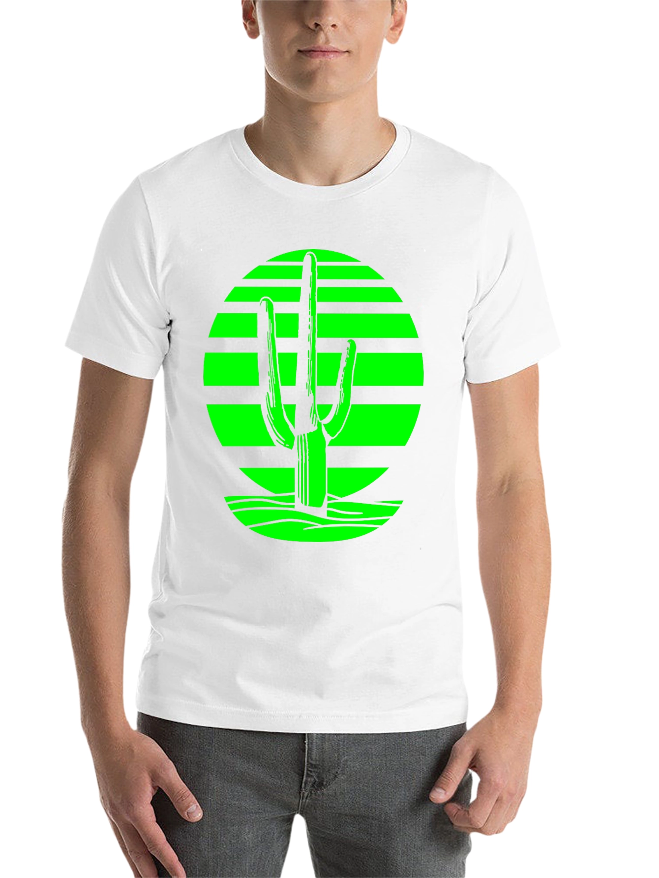 Black Retro Desert Cactus T-Shirt - Green on Black view 14