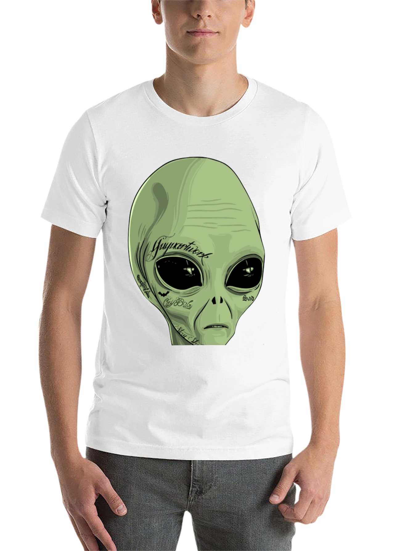 Black Tattooed Alien Graphic Tee - Black Cotton Casual T-Shirt view 14