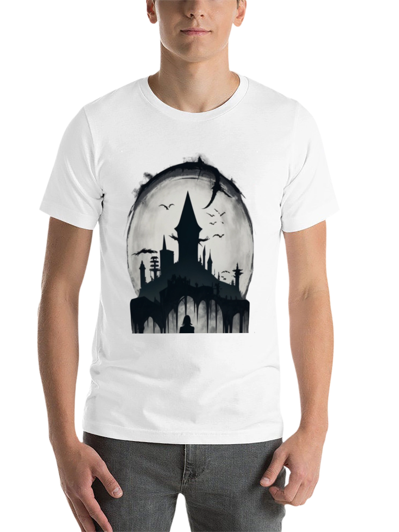 Black Moonlit Castle Graphic Tee - Gothic Style Shirt view 14