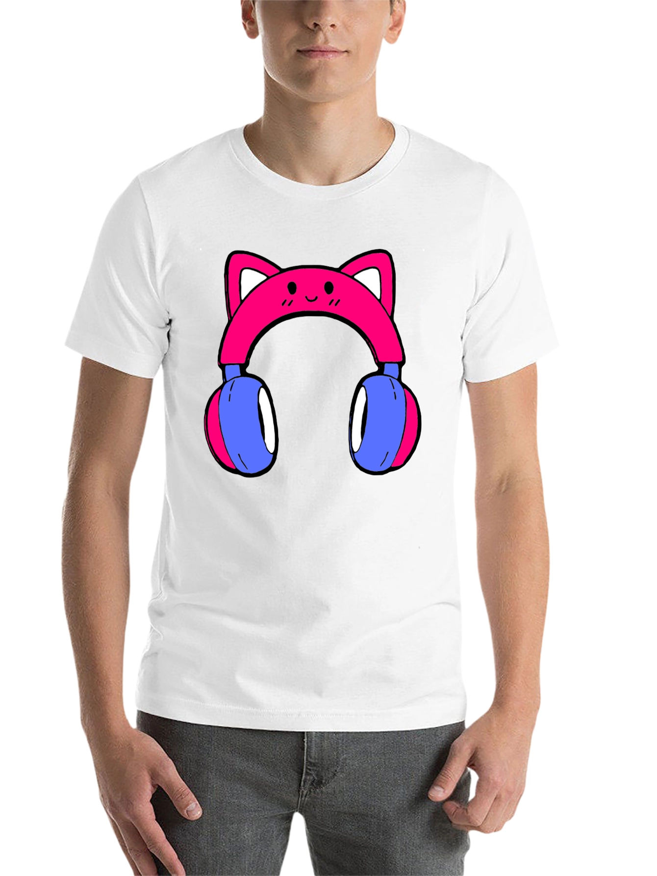Black Cute Cat Ear Headphones Graphic Tee - Black view 14