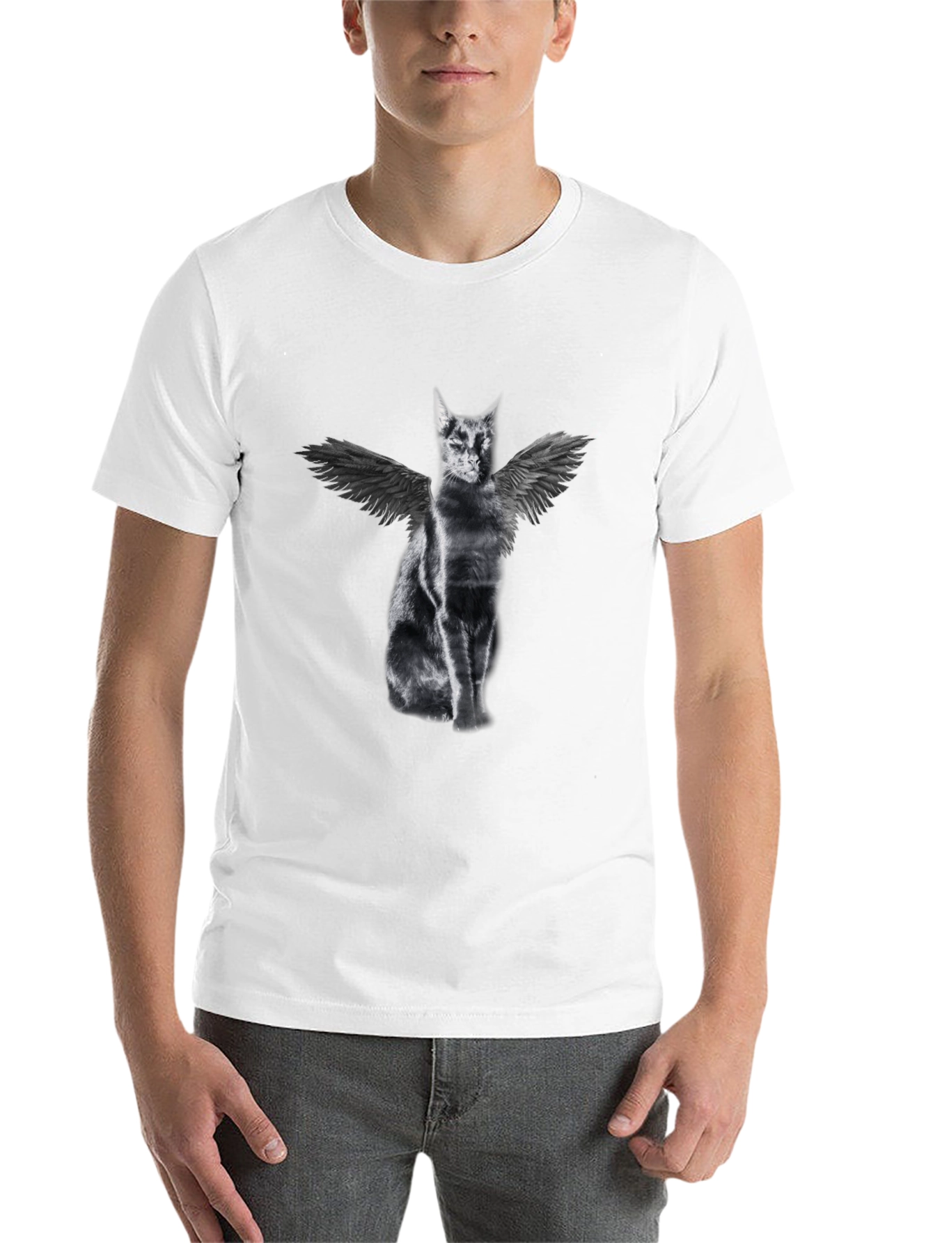 Black Winged Cat Graphic Tee - Black Cotton T-Shirt view 14