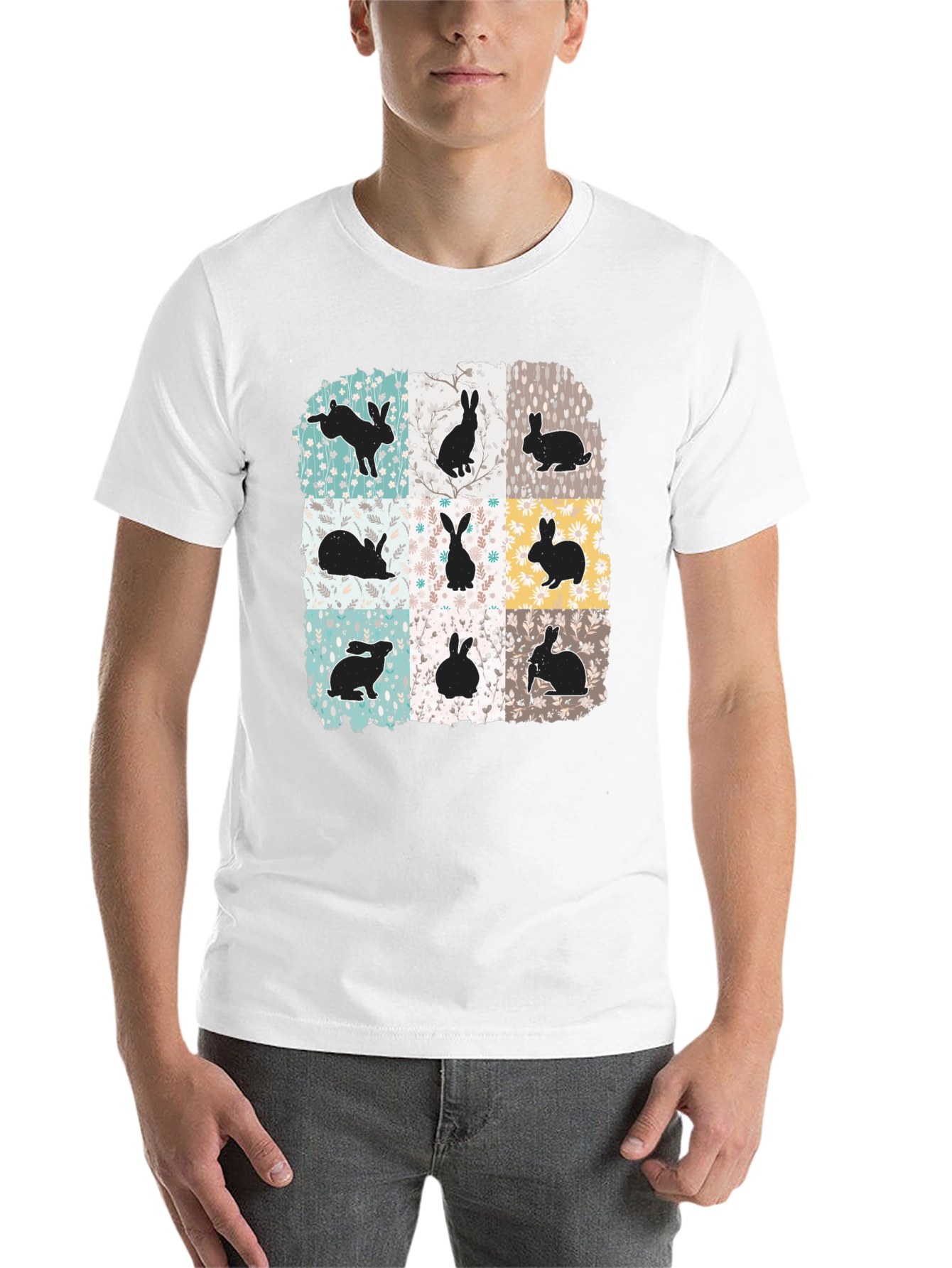 Black Rabbit Print Men's Black T-Shirt view 14