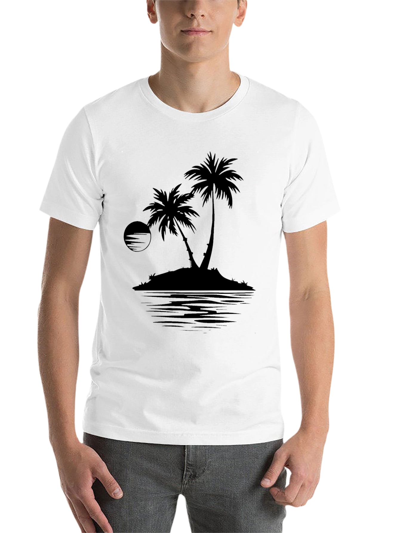 Black Men's Black Palm Tree Island Graphic T-Shirt view 14