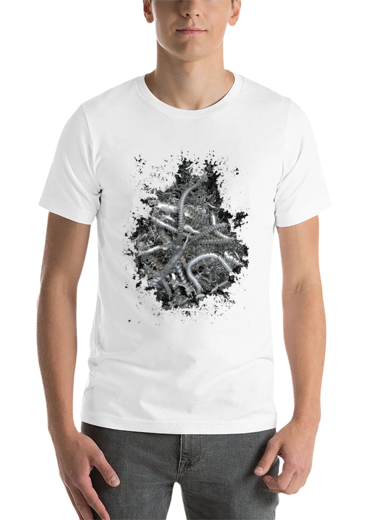 Black Abstract Silver Tube Design Black T-Shirt view 14