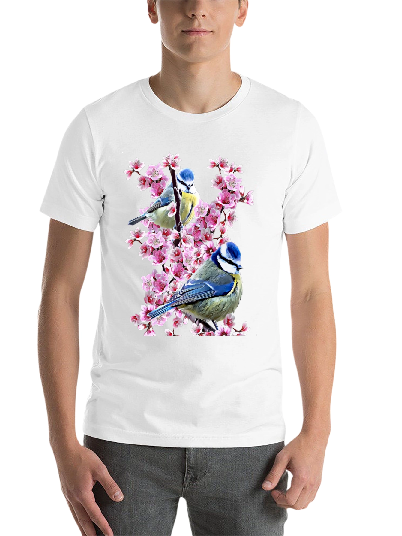 Black Blue Tit Bird & Cherry Blossom Graphic Tee view 14