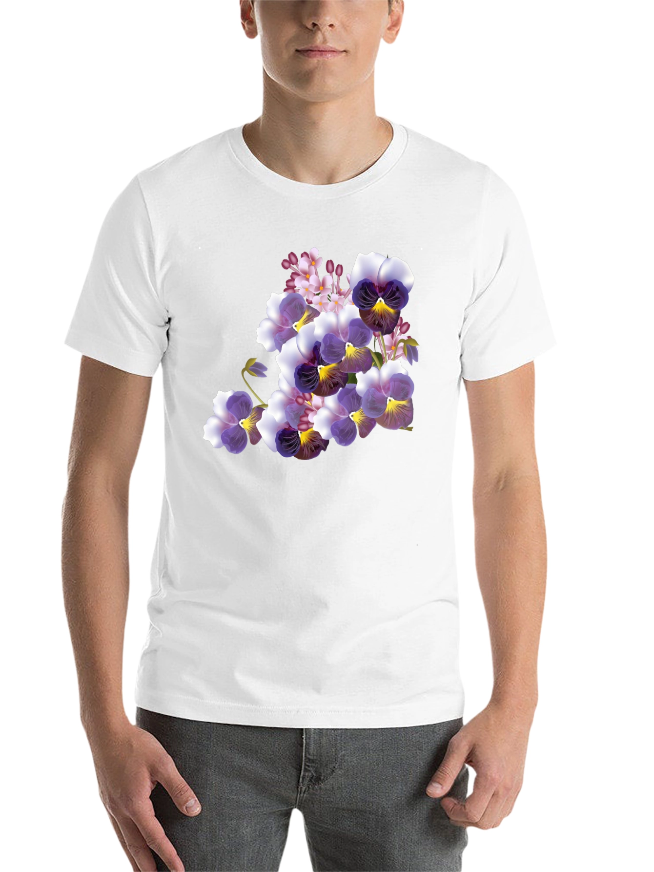 Black Floral Pansy Print Black T-Shirt view 14