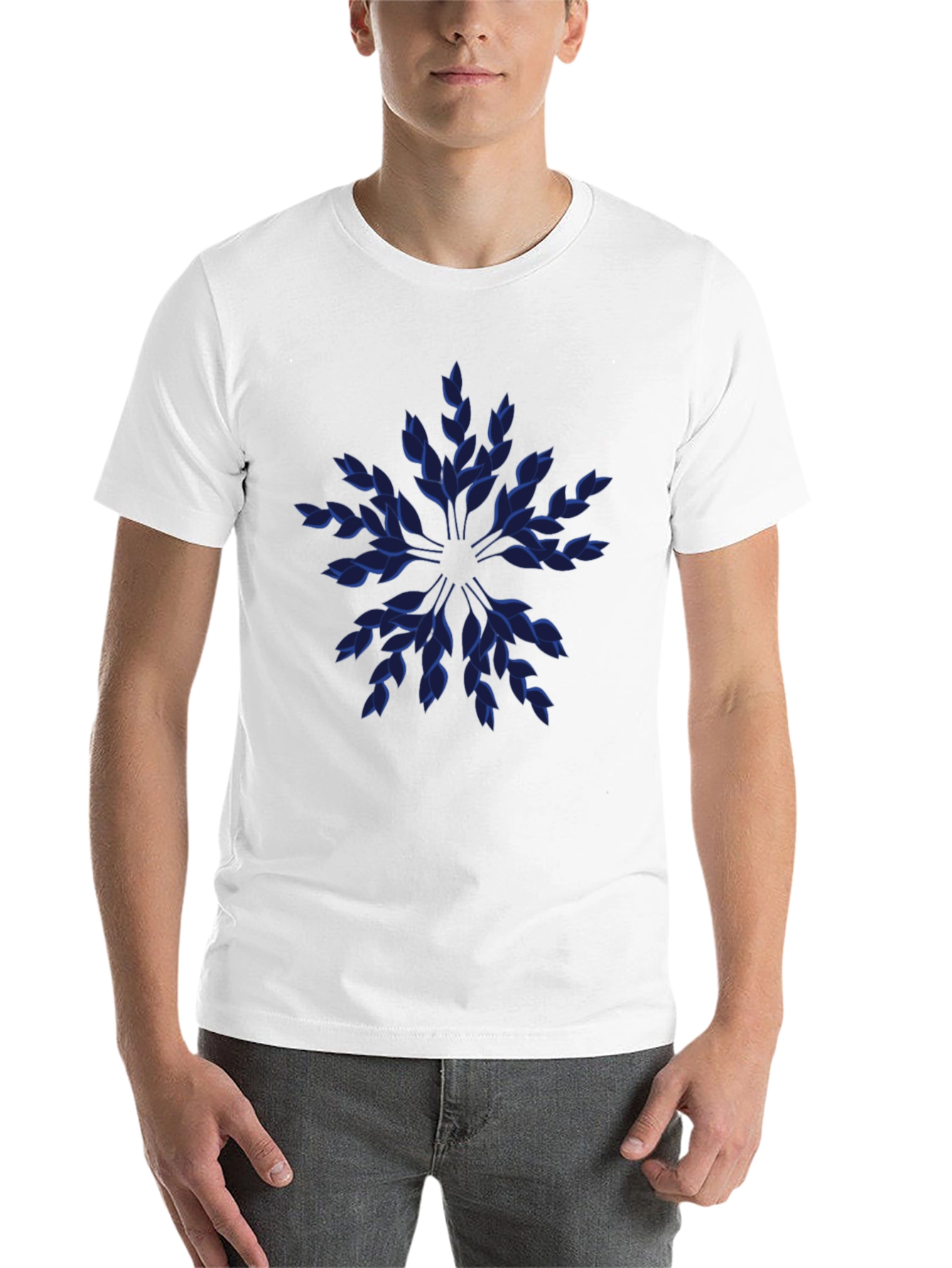Black Blue Leaf Pattern Black T-Shirt view 14
