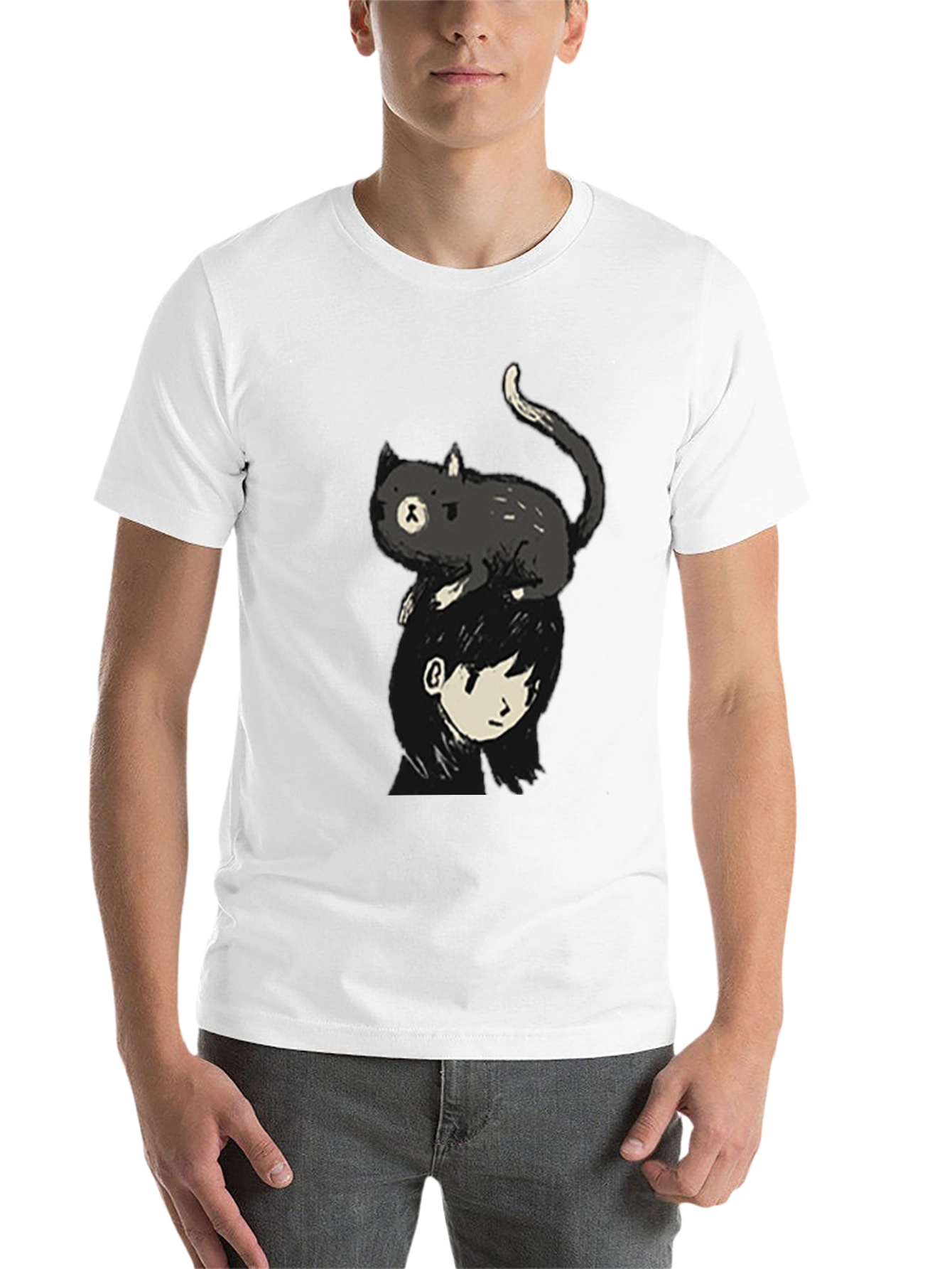 Black Cat on Head Graphic Tee - Black Crew Neck view 14