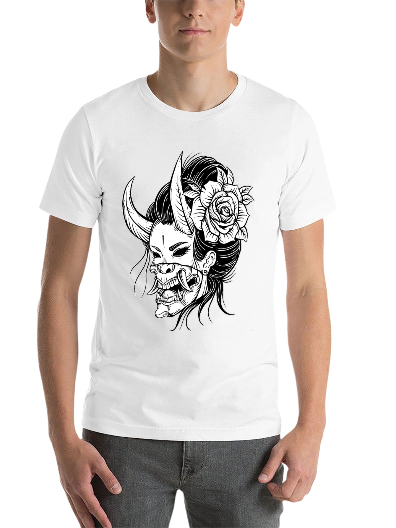 Black Black T-Shirt with Oni Mask & Rose Graphic view 14