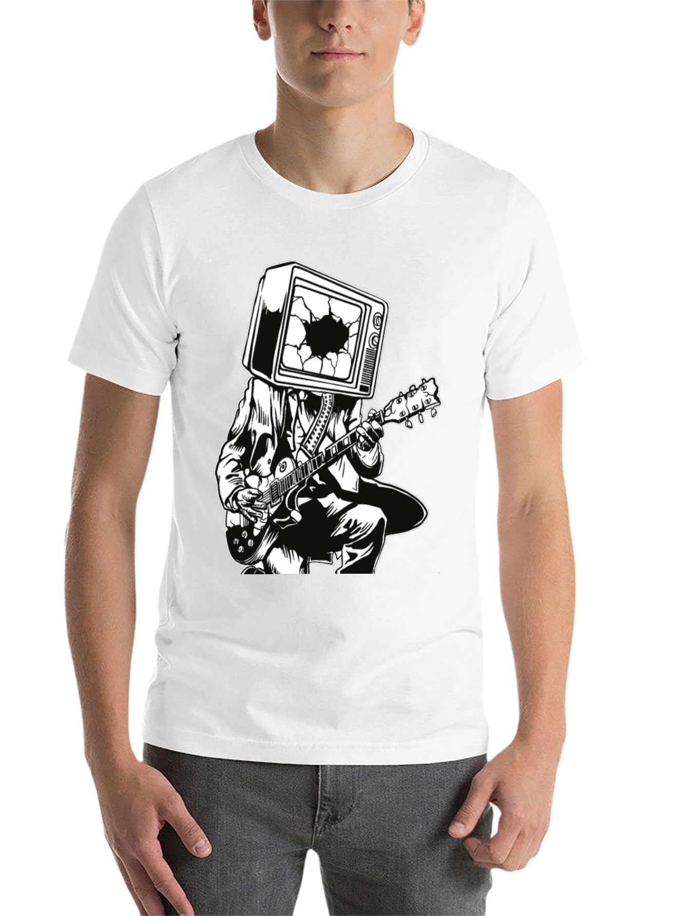 Black Guitar Man with TV Head Graphic T-Shirt view 14