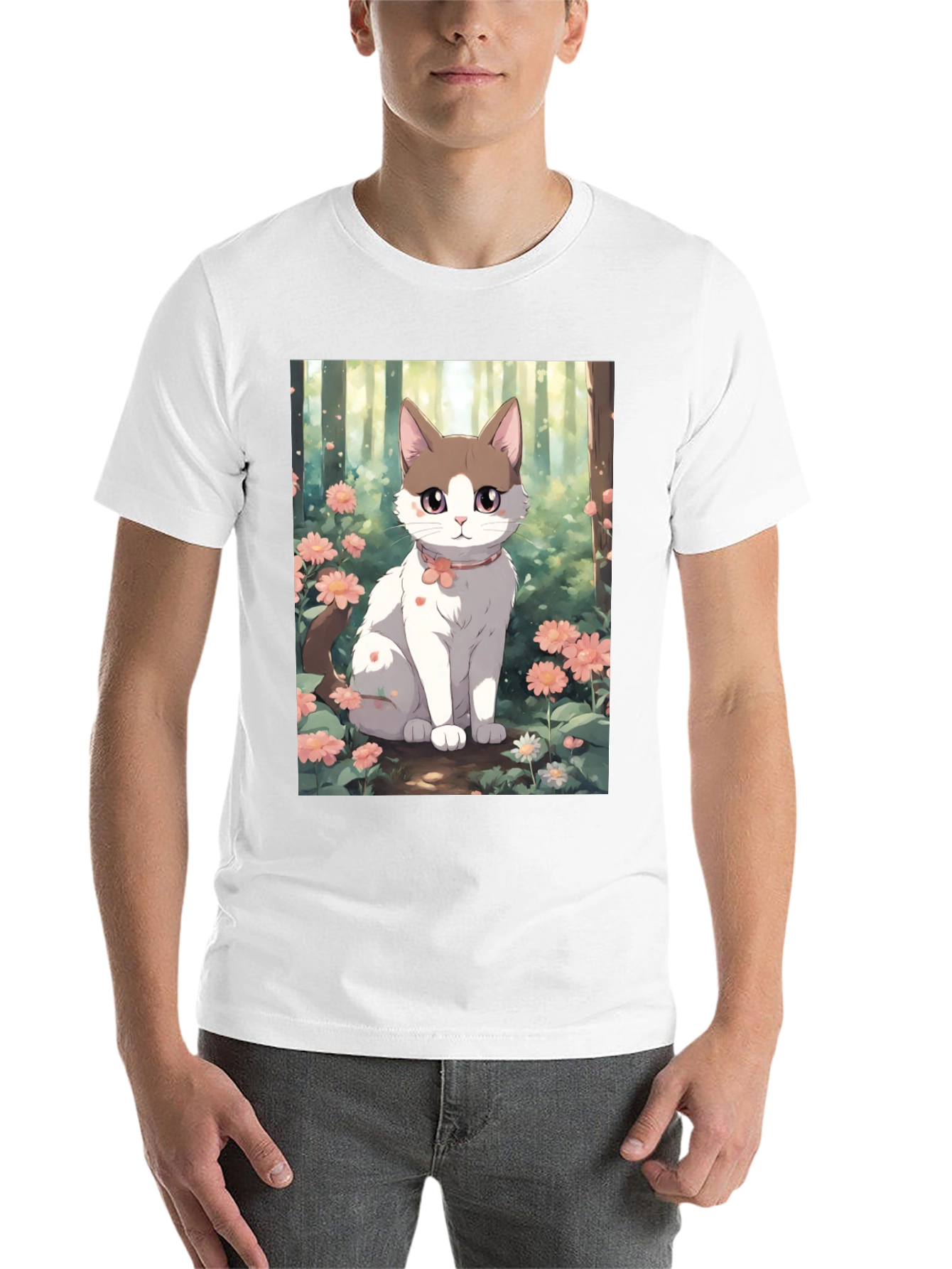 Black Anime Cat Floral T-Shirt view 14