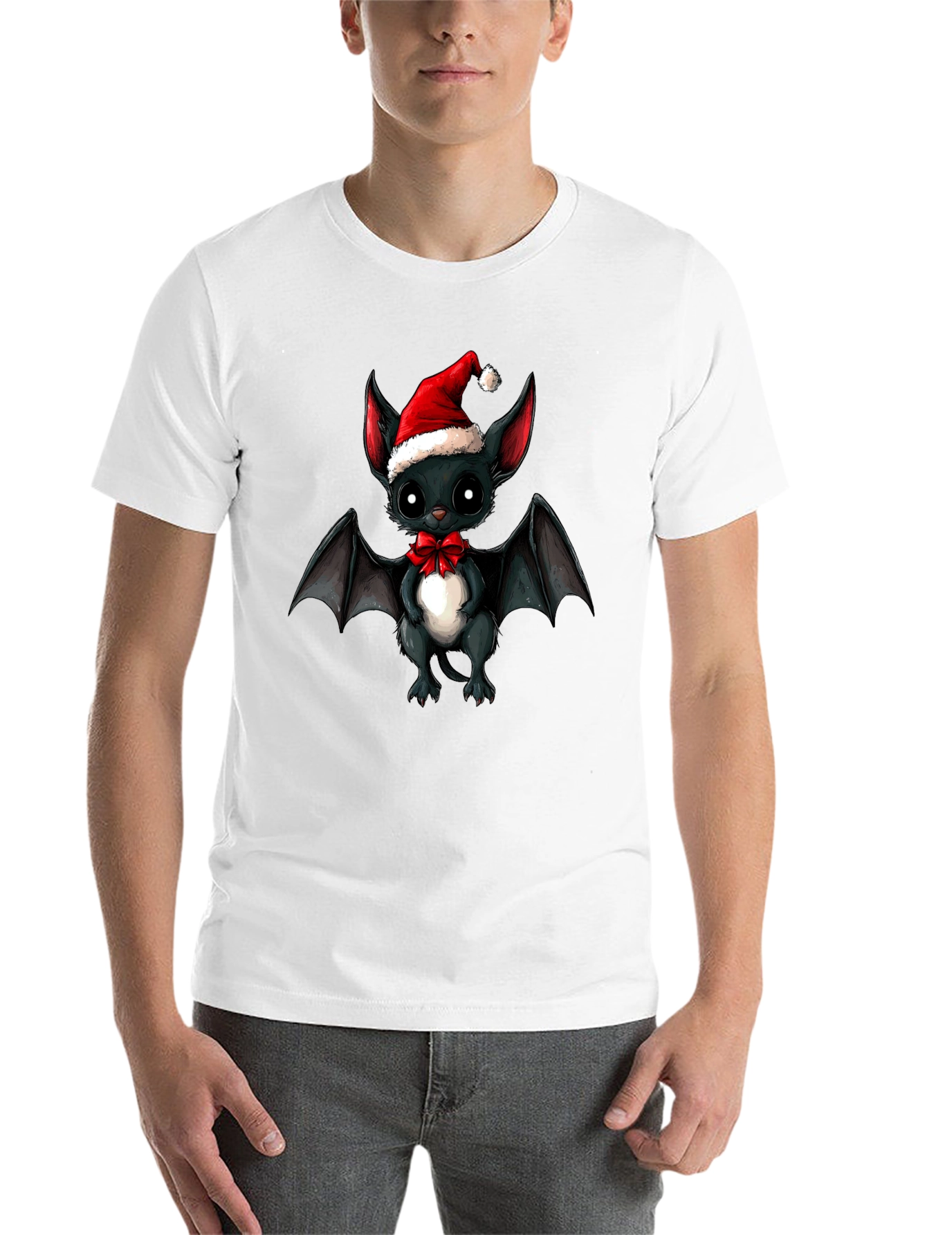 Black Cute Bat in Santa Hat Graphic Tee view 14