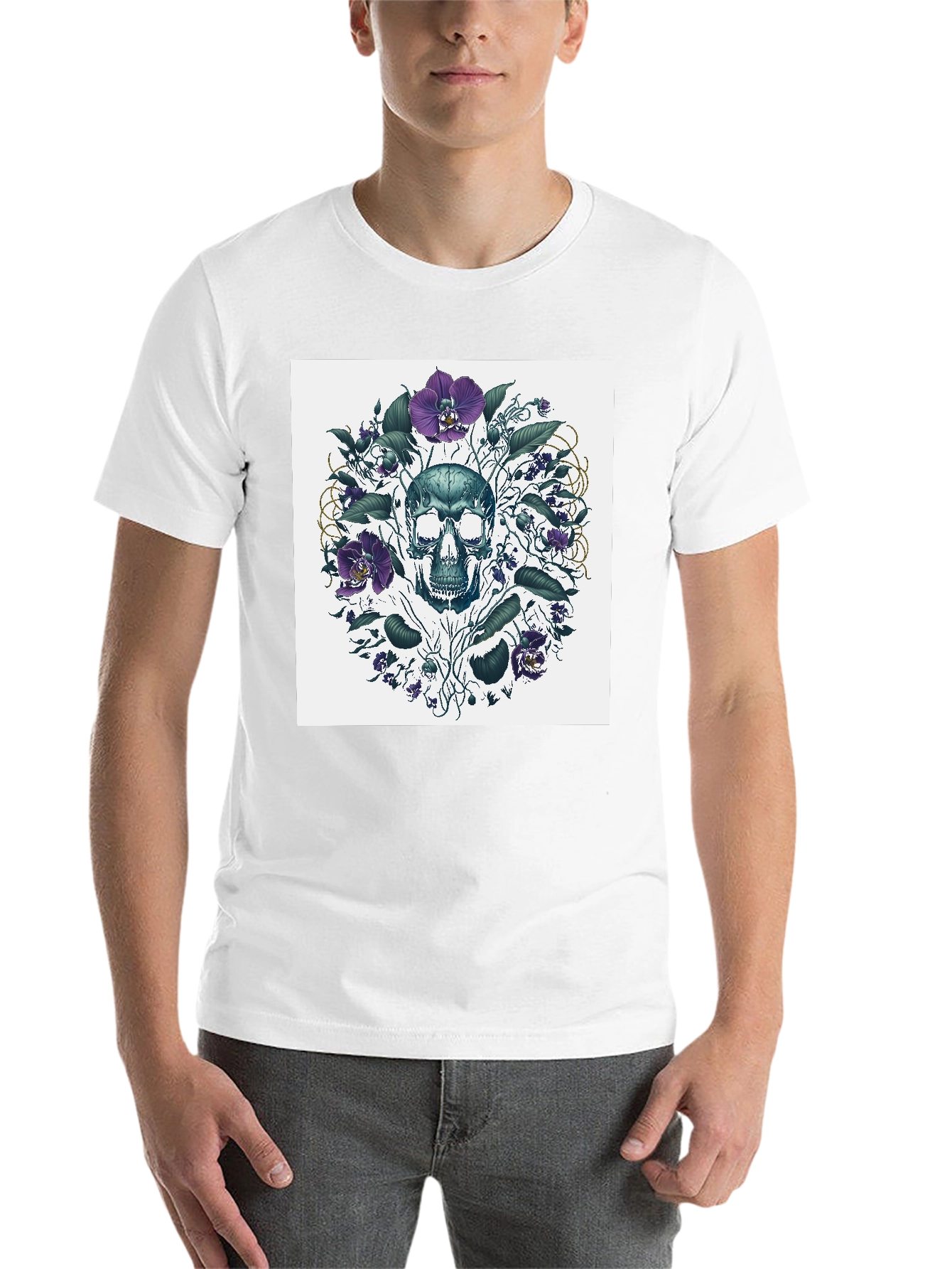 Black Skull Floral T-Shirt - Artistic Death Graphic Tee view 14