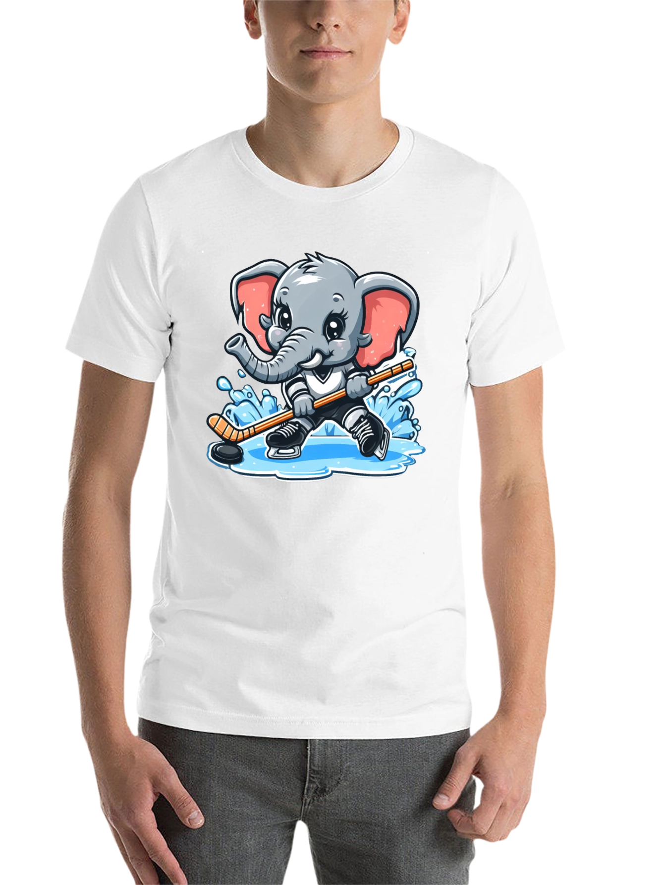Black Cartoon Elephant Hockey Player Graphic Tee view 14