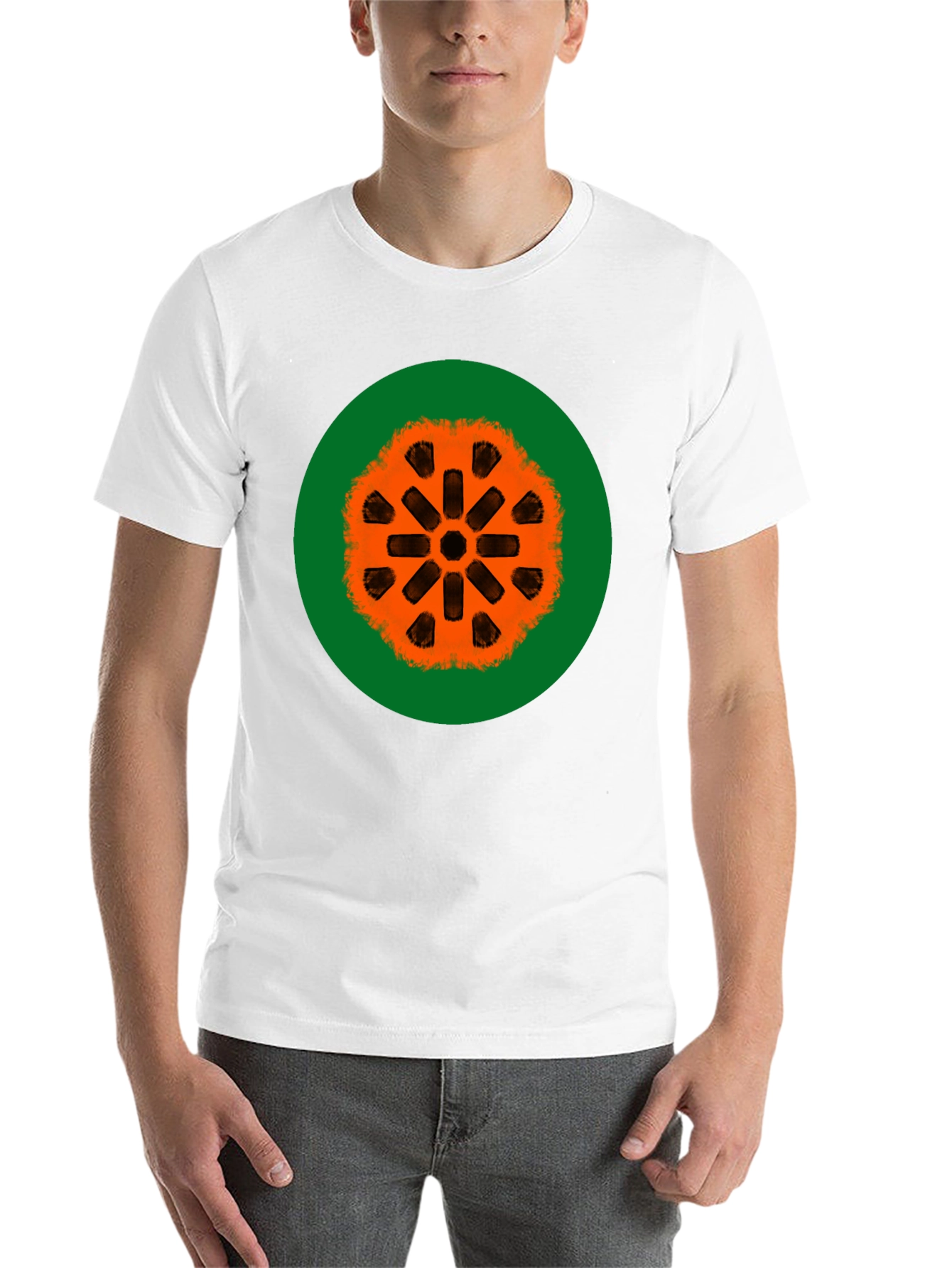 Black Graphic Tee: Orange Mandala on Green view 14