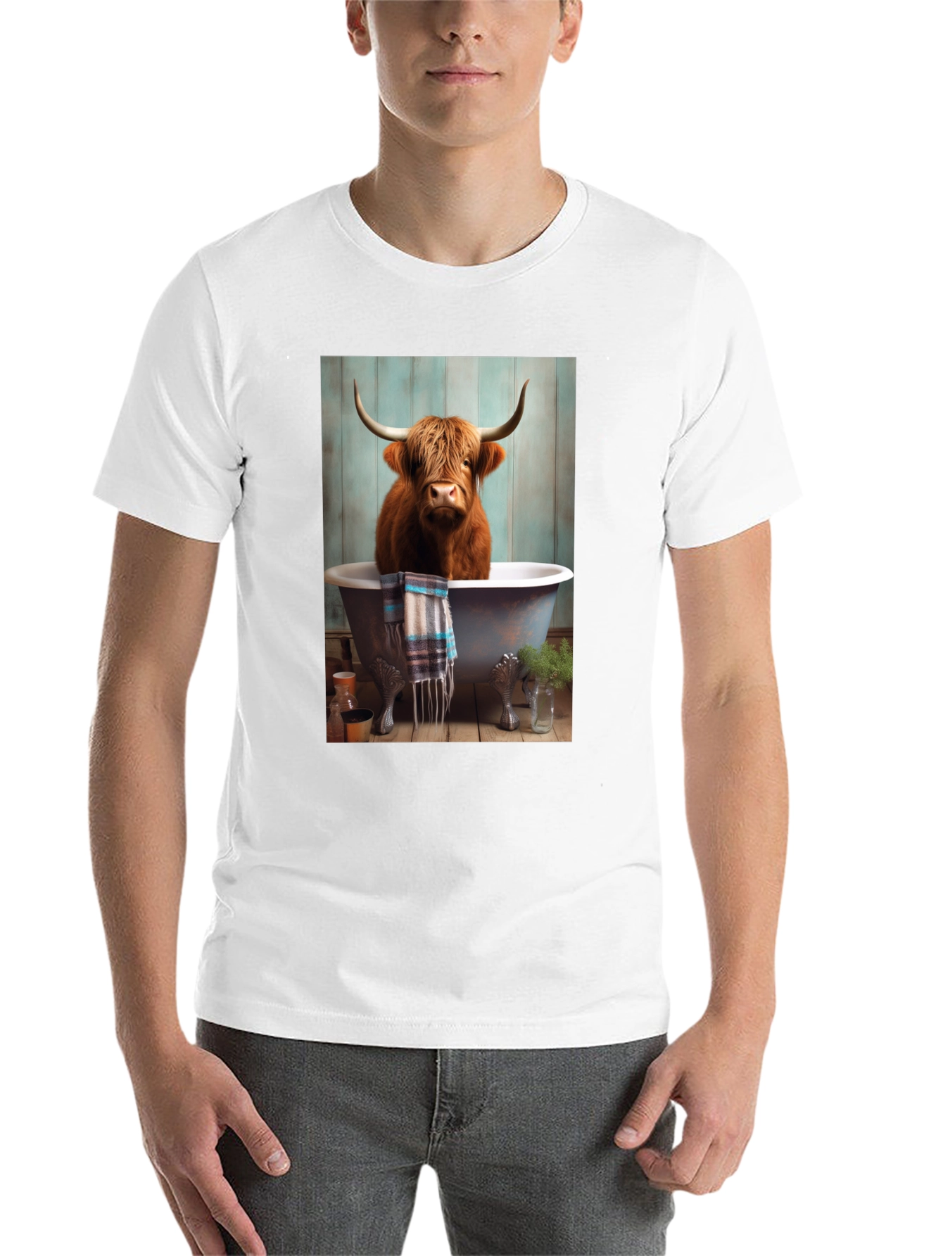 Black Highland Cow in Bathtub T-Shirt view 14