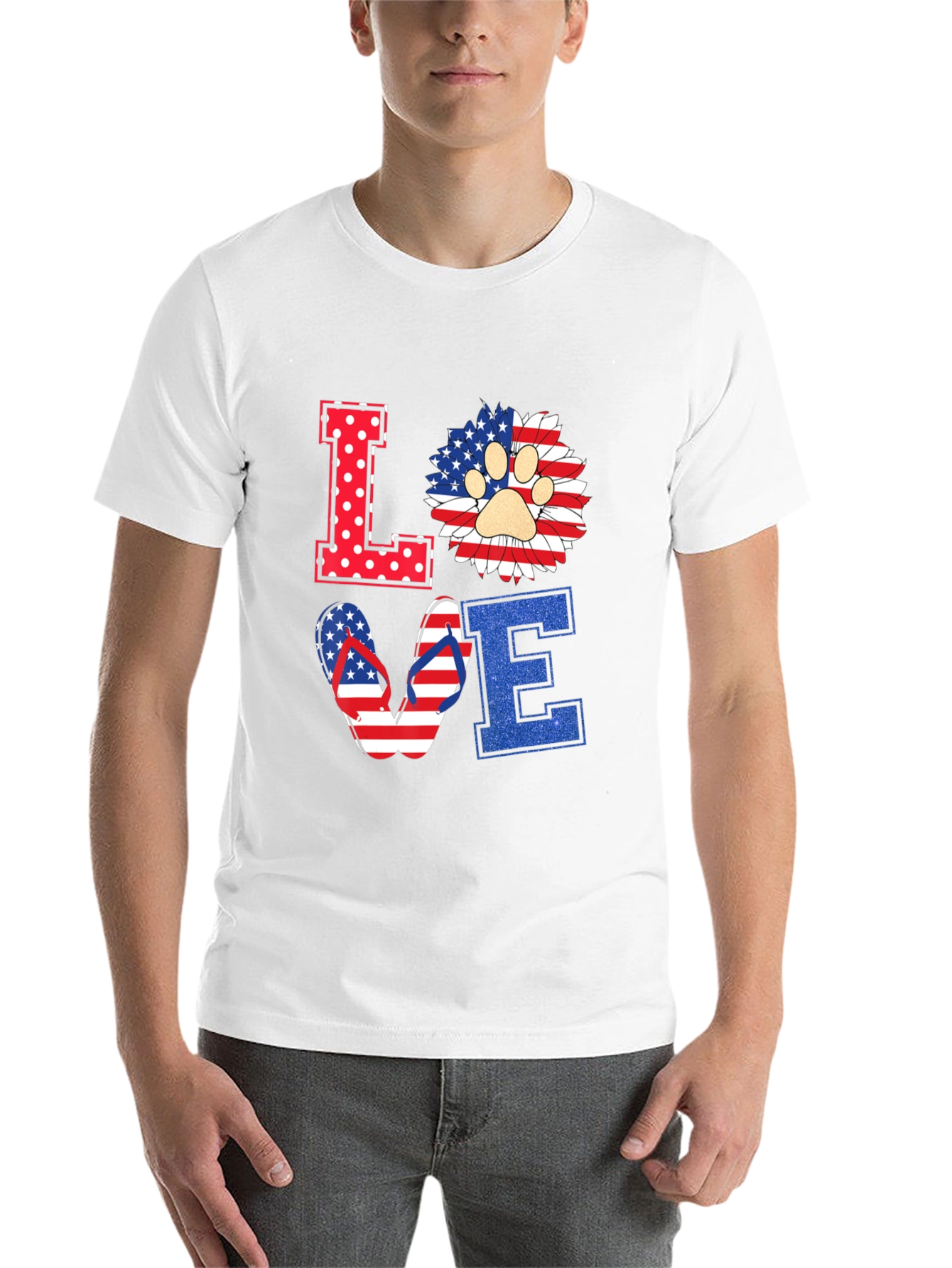 Patriotic LOVE T-Shirt, Paw Print, Flip Flops, USA Flag - 14