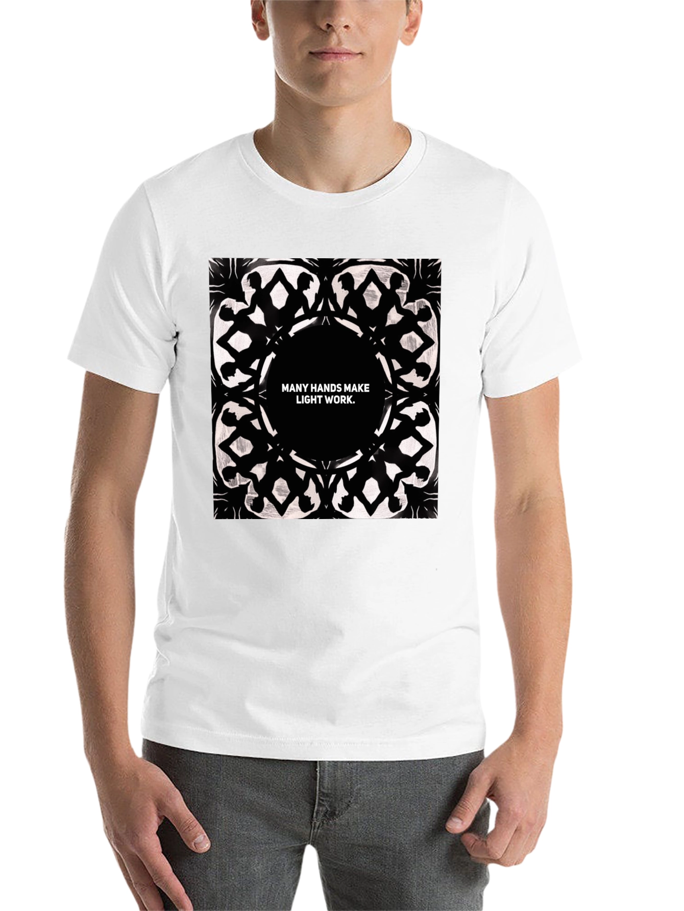 Black Unity Hands Tee - Many Hands Make Light Work Graphic T-Shirt view 14