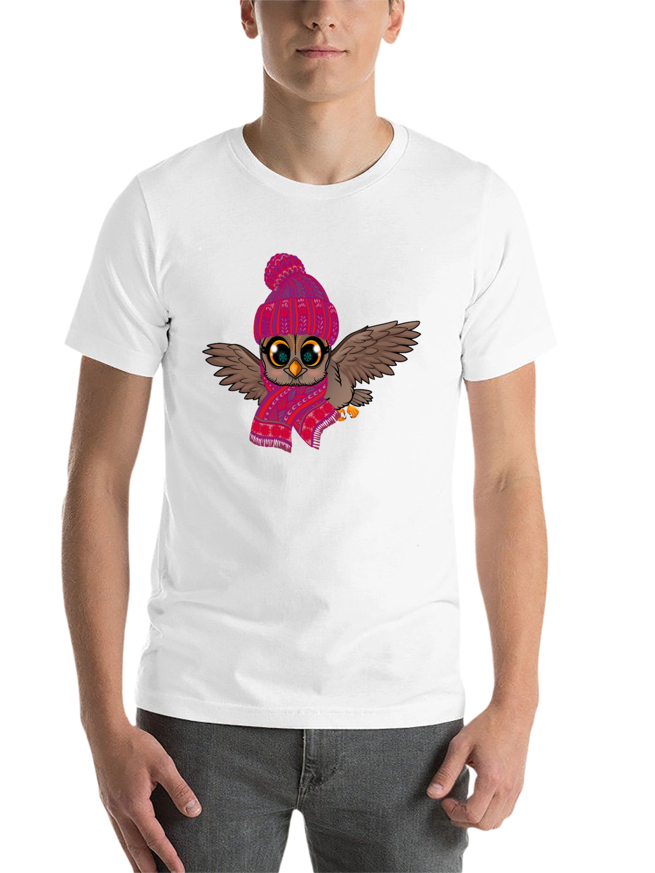 Black Winter Owl T-Shirt: Cute Cartoon Bird with Scarf & Hat view 14