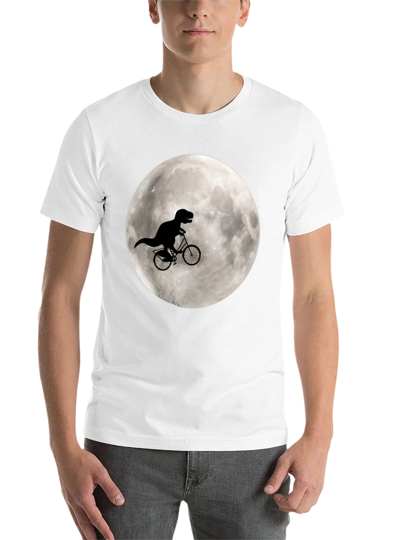 Black Dino Biker Tee - T-Rex Riding Bike on Moon Shirt view 14