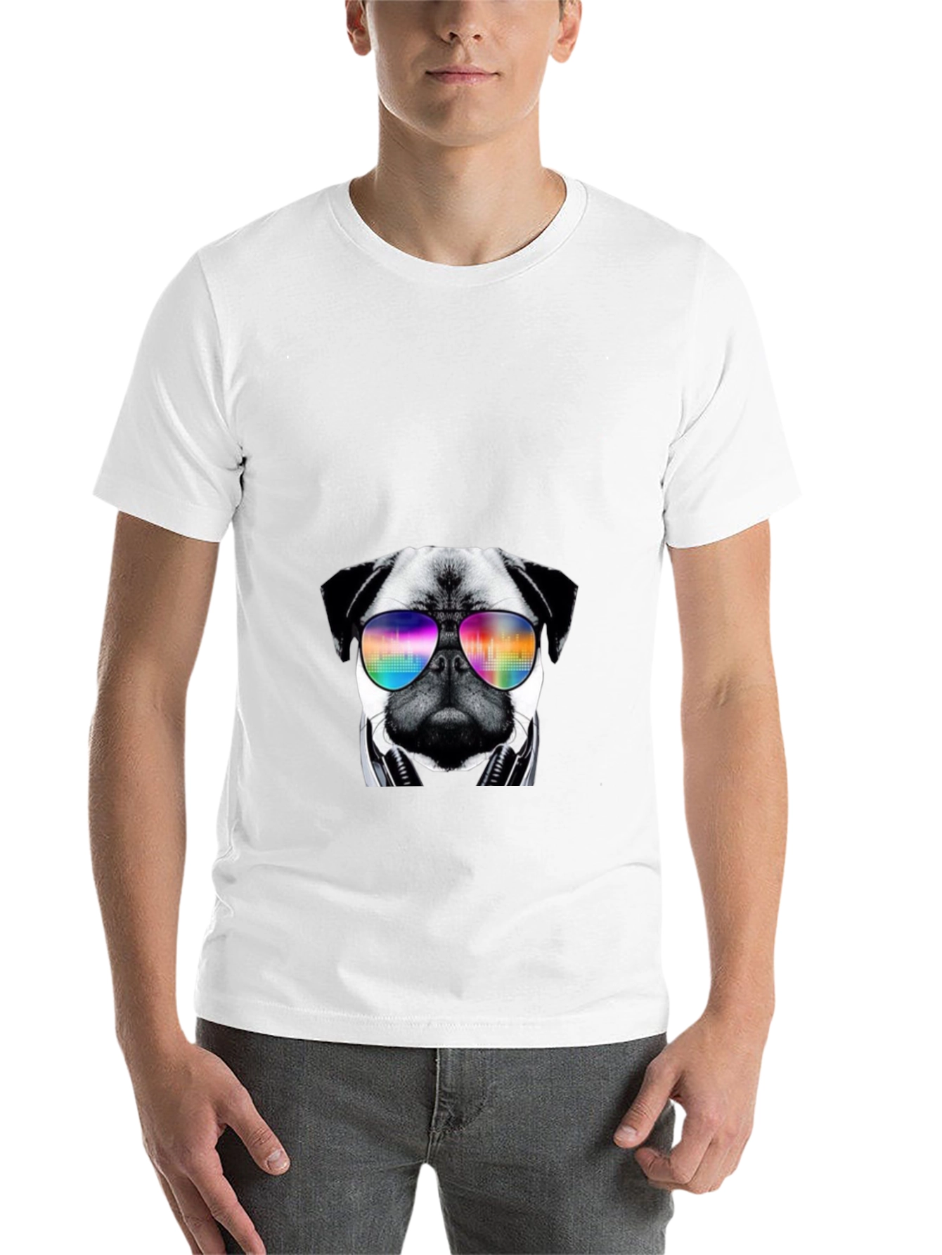 Black Cool Pug T-Shirt with Headphones and Sunglasses view 14
