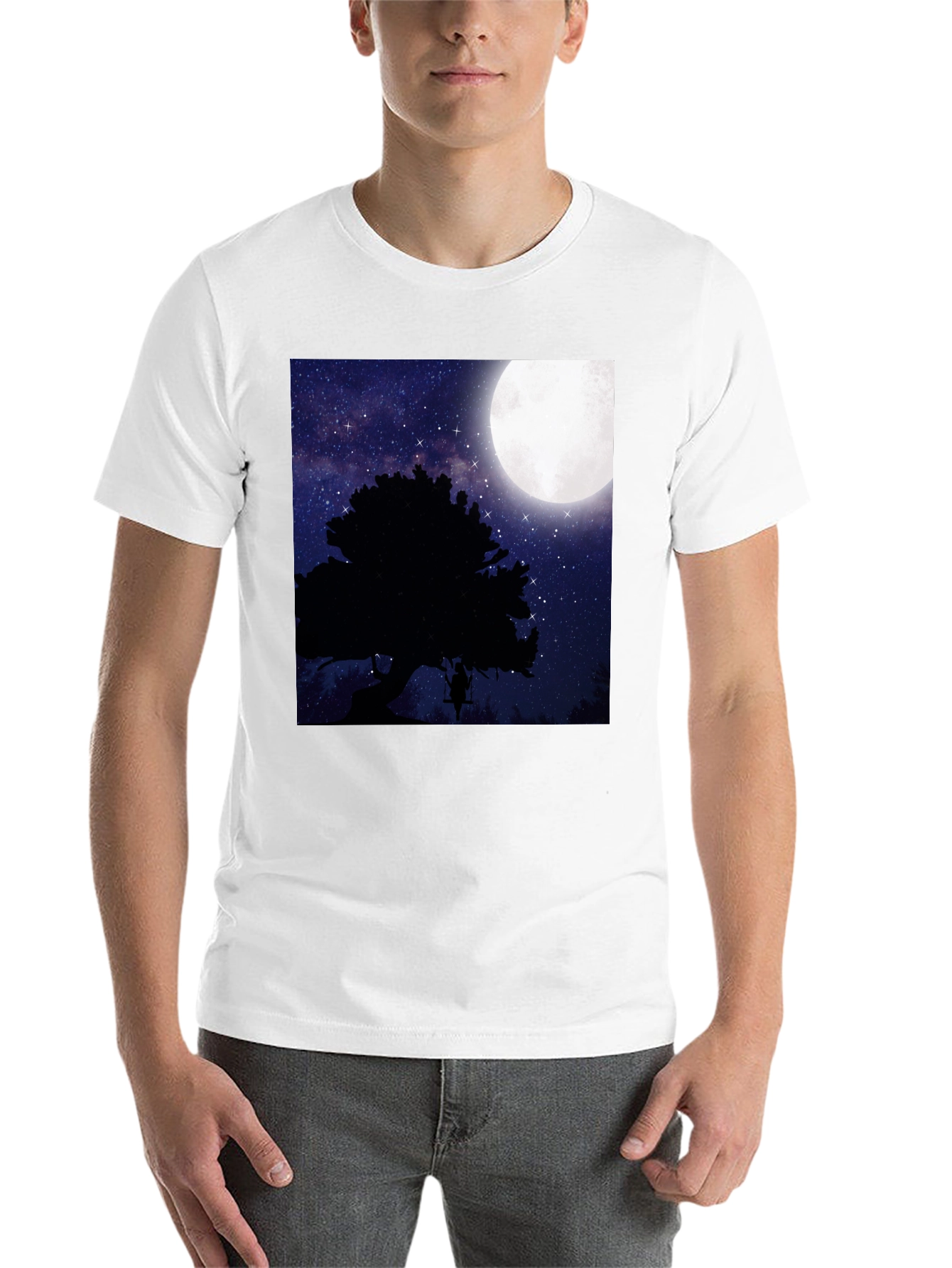Black Moonlit Swing T-Shirt - Night Sky Tree Silhouette view 14