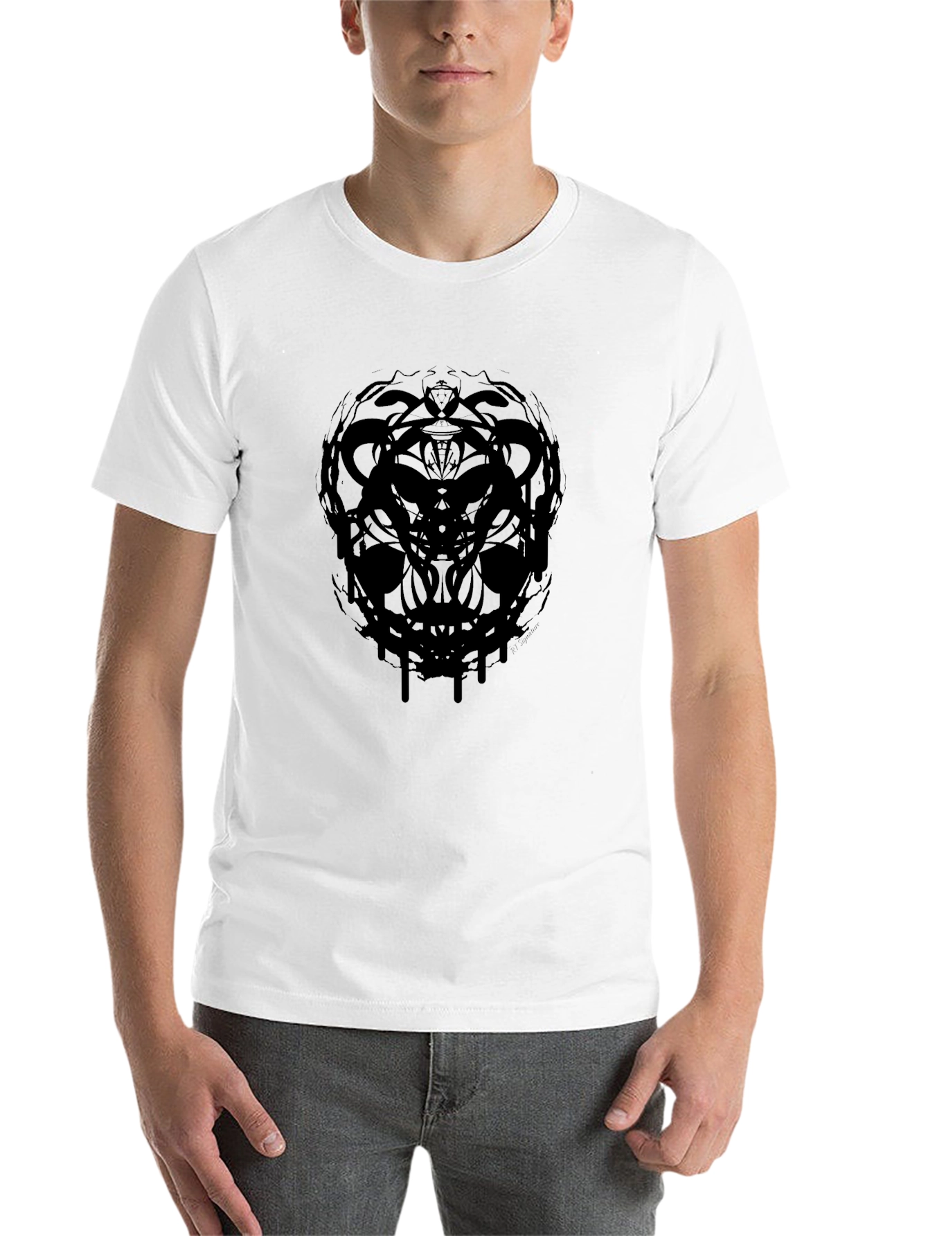 Black Men's Black Graphic Tee - Abstract Skull Design view 14