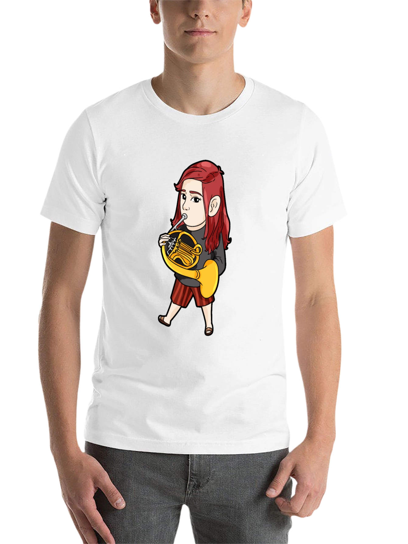 Black French Horn Player Cartoon T-Shirt view 14