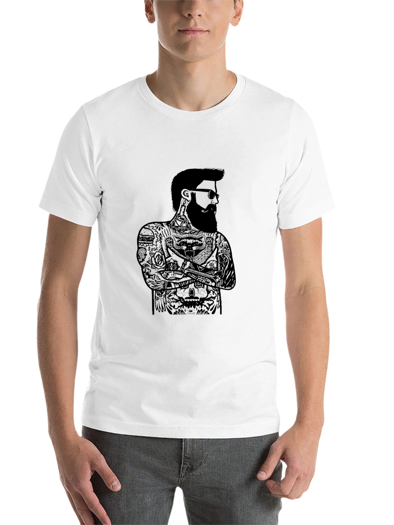 Black Black Graphic Tee - Bearded Man Tattoo Design view 14