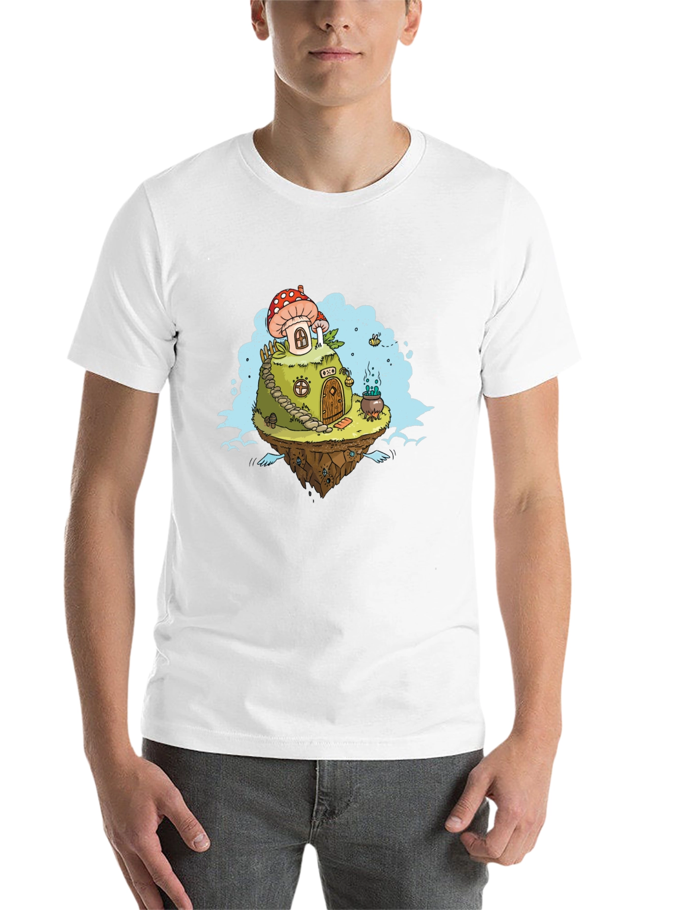 Black Mushroom House Island Graphic Tee - Whimsical Fantasy Design view 14