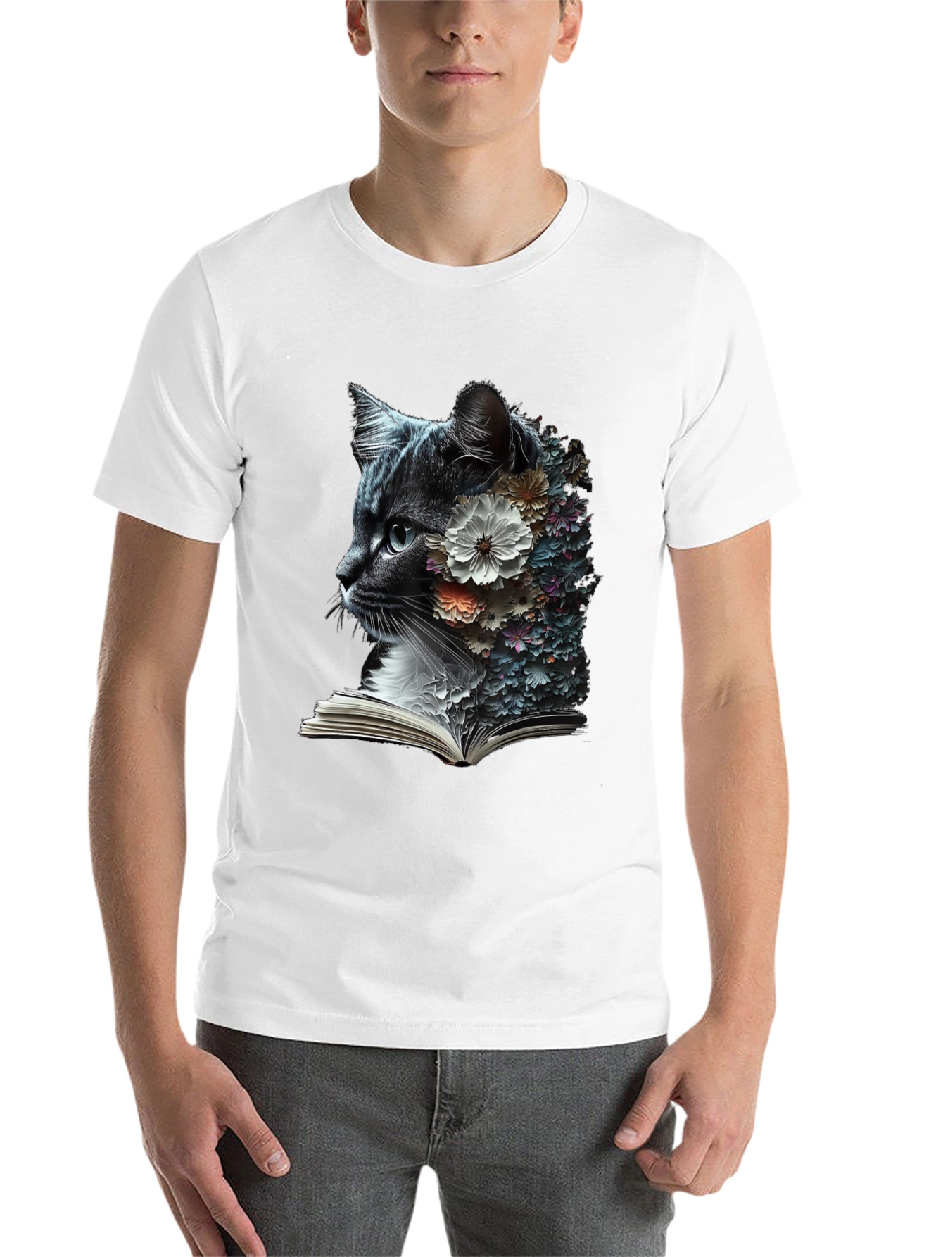 Black Floral Cat Reader Graphic T-Shirt view 14