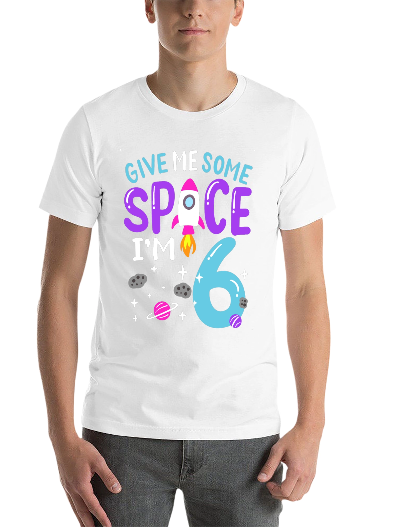 Black Give Me Some Space, I'm 6 Birthday T-Shirt view 14