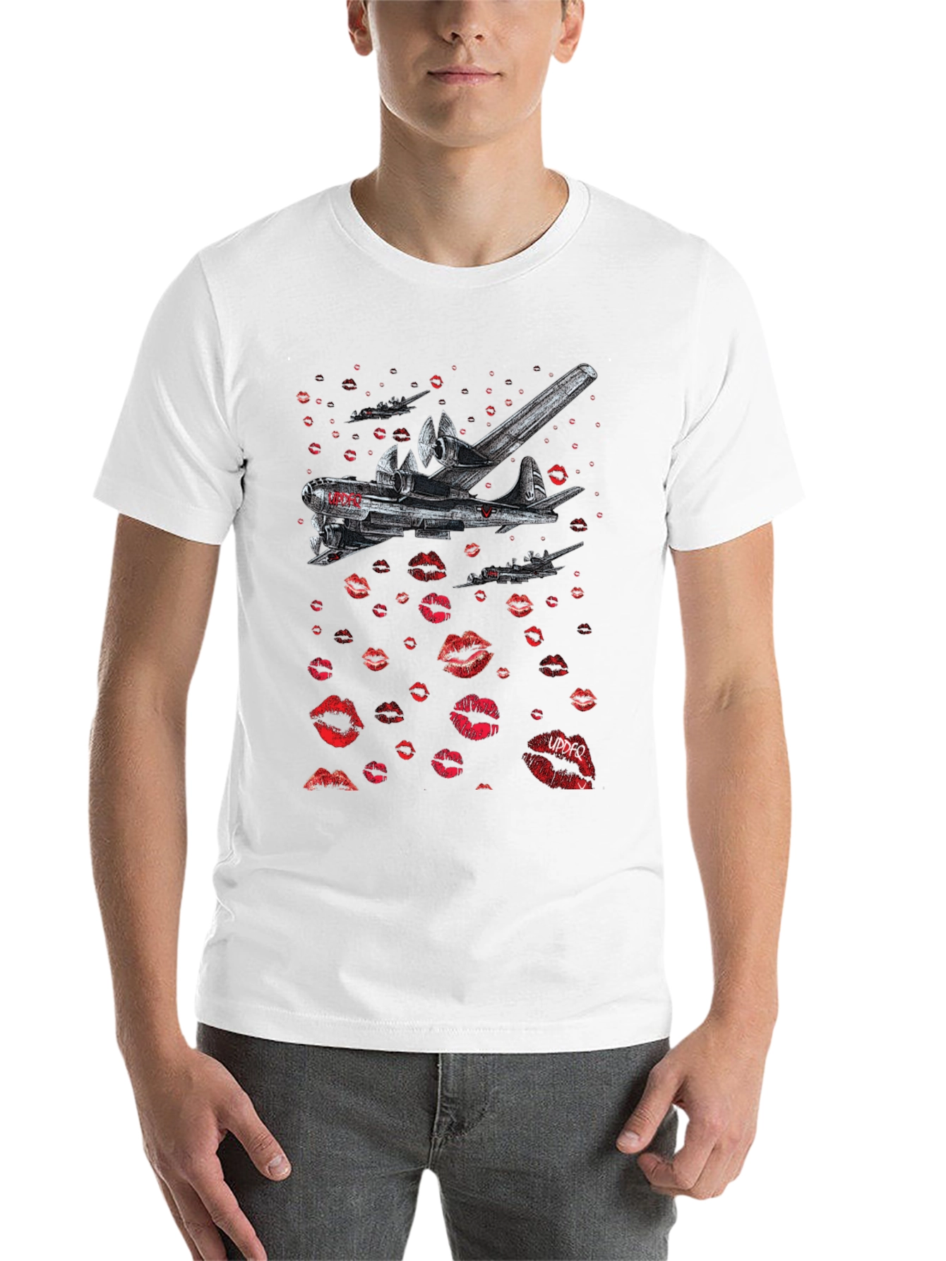 Black Bomber Plane Lips Print Graphic Tee - Unique Design view 14