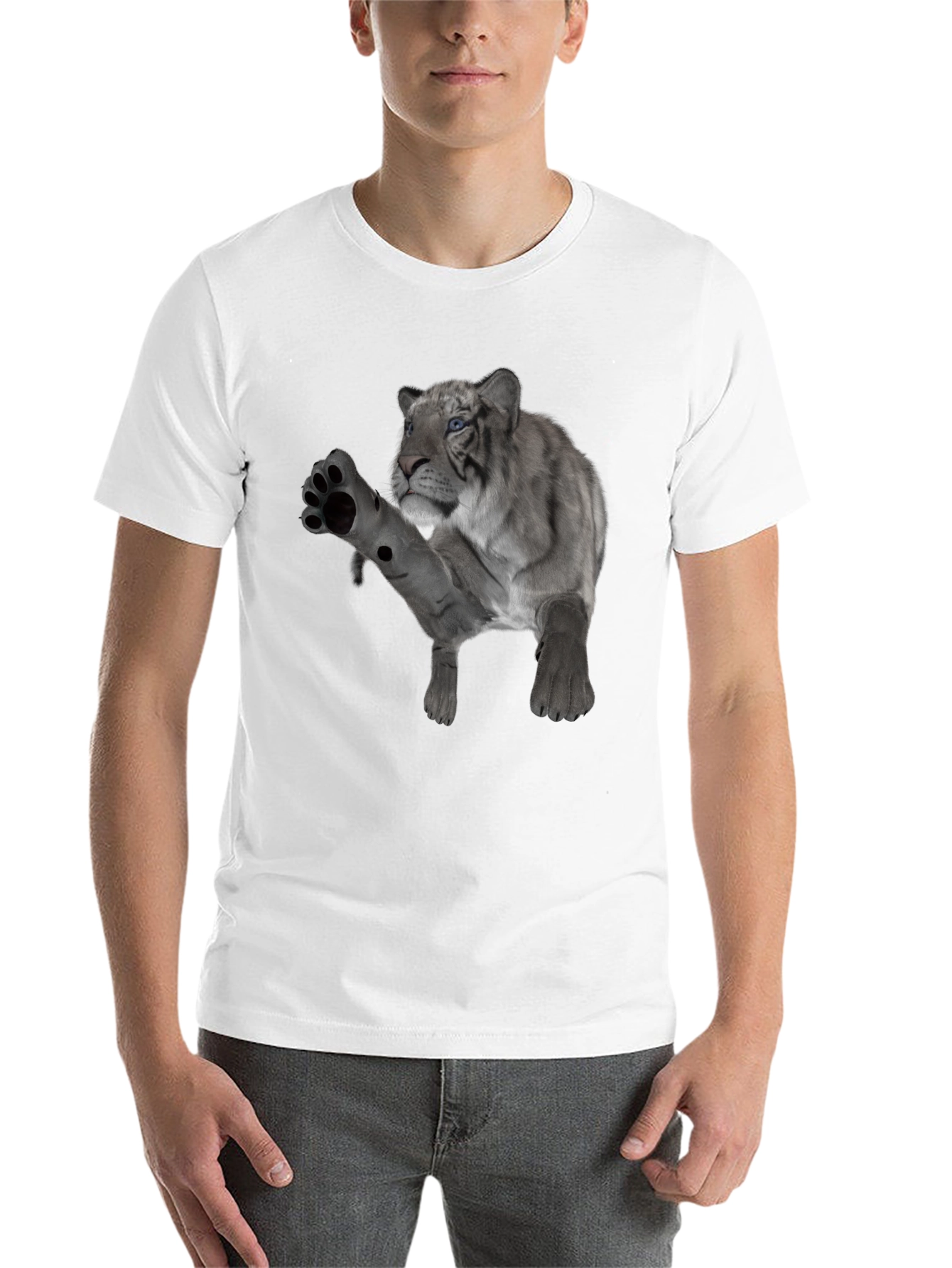 Black Men's Black T-Shirt with White Tiger Graphic view 14