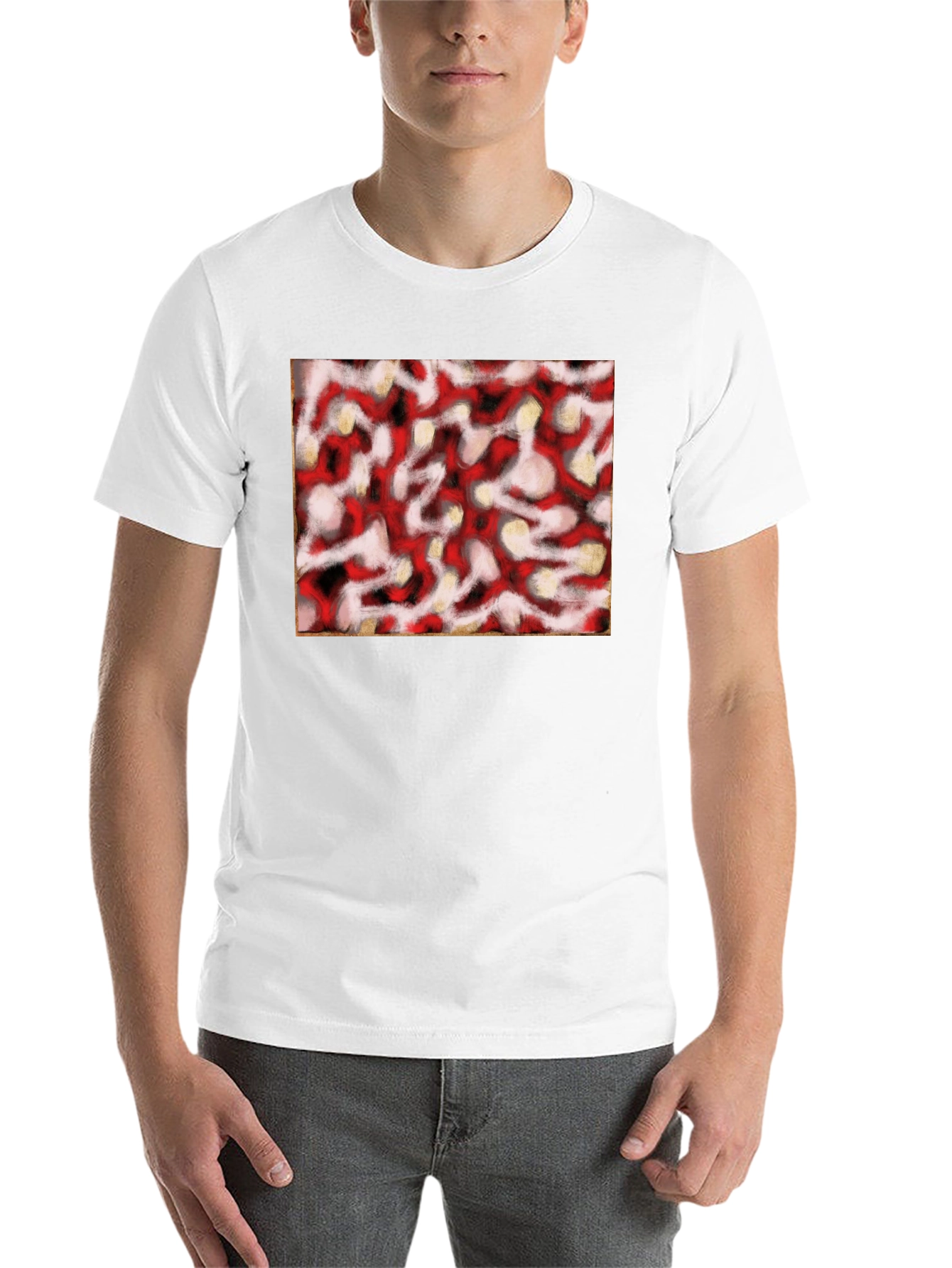 Black Abstract Red & White Pattern Black T-Shirt view 14