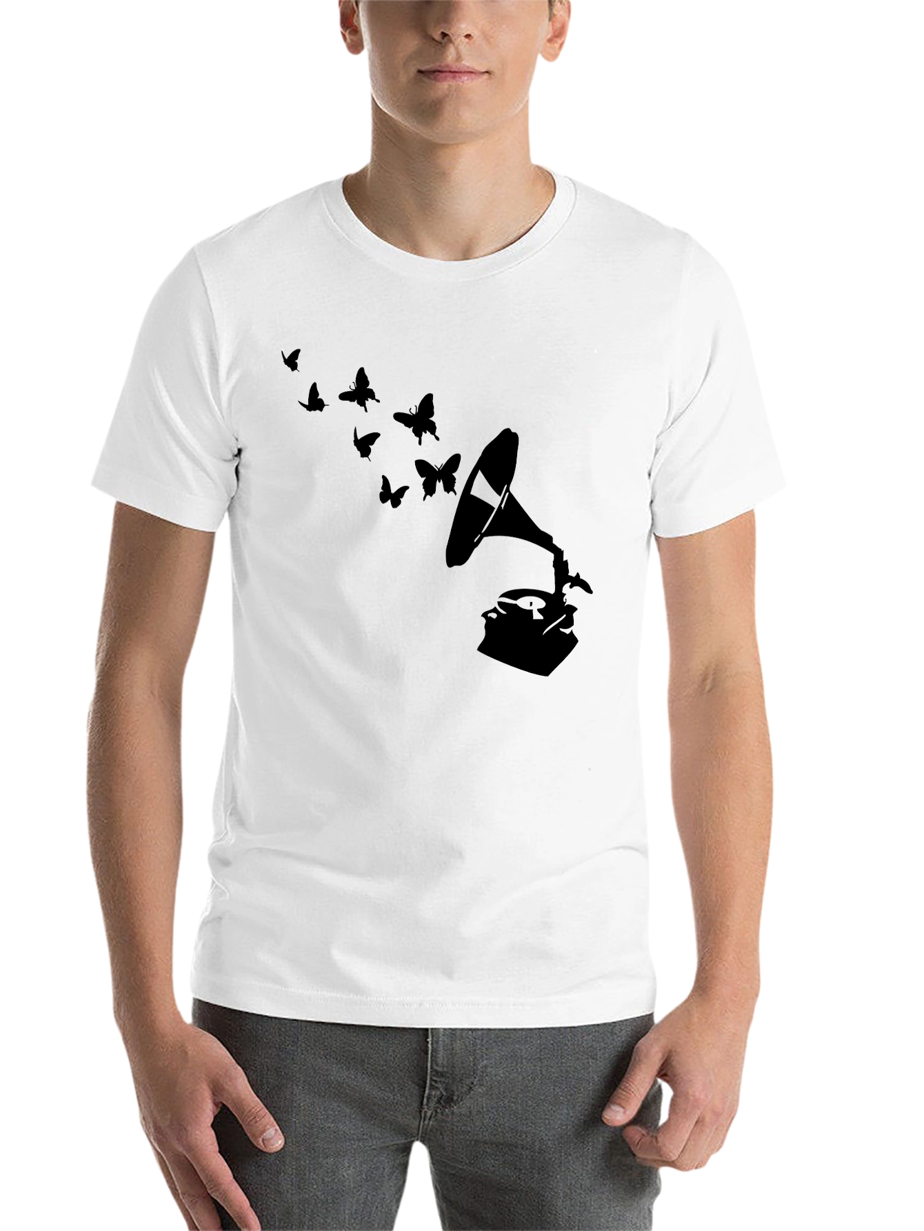 Black Vintage Gramophone & Butterfly T-Shirt - Stylish Retro Tee view 14